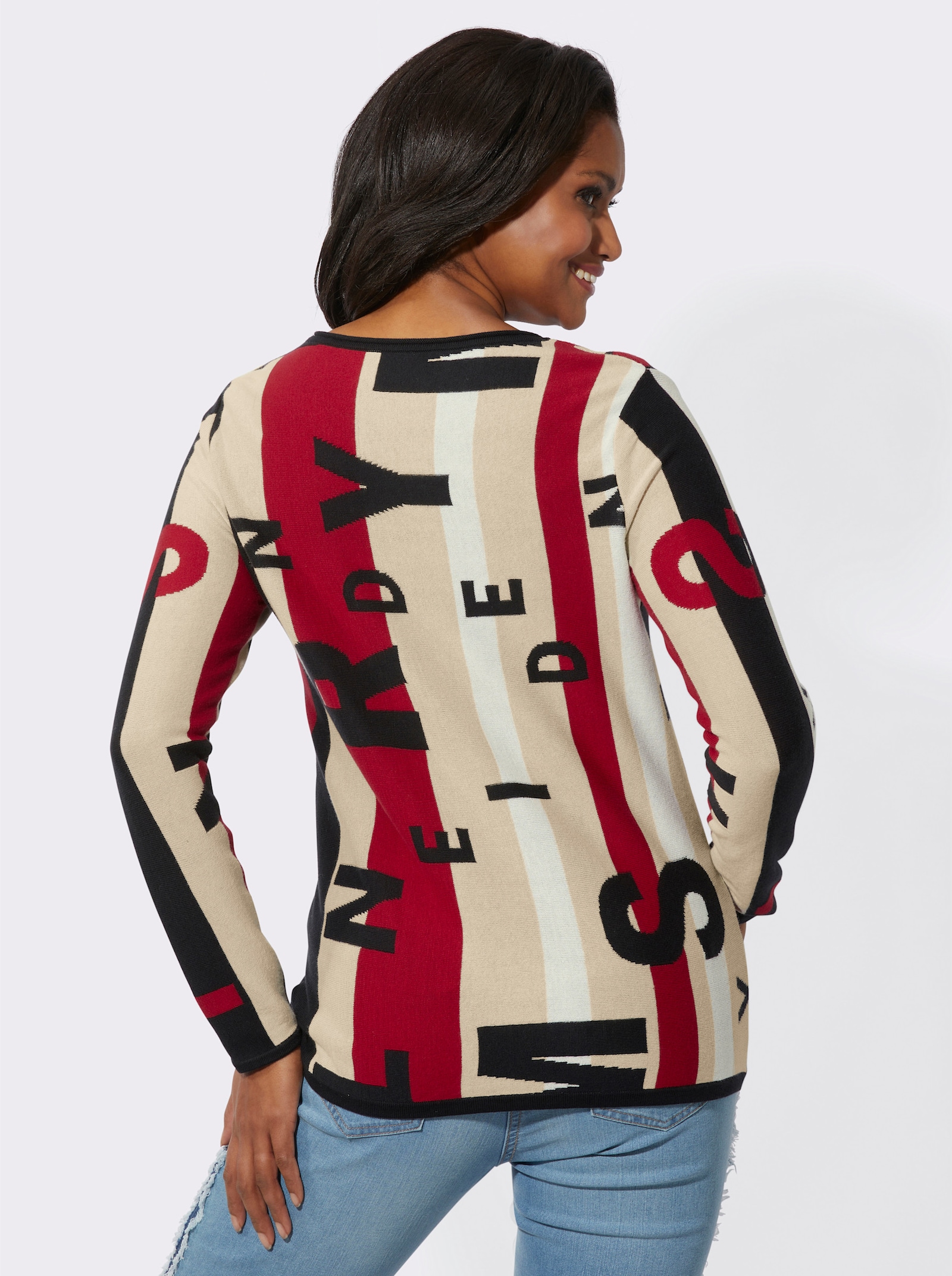 Jacquard-Pullover mit Streifen- und Lettering-Muster - schwarz-rot-gemustert