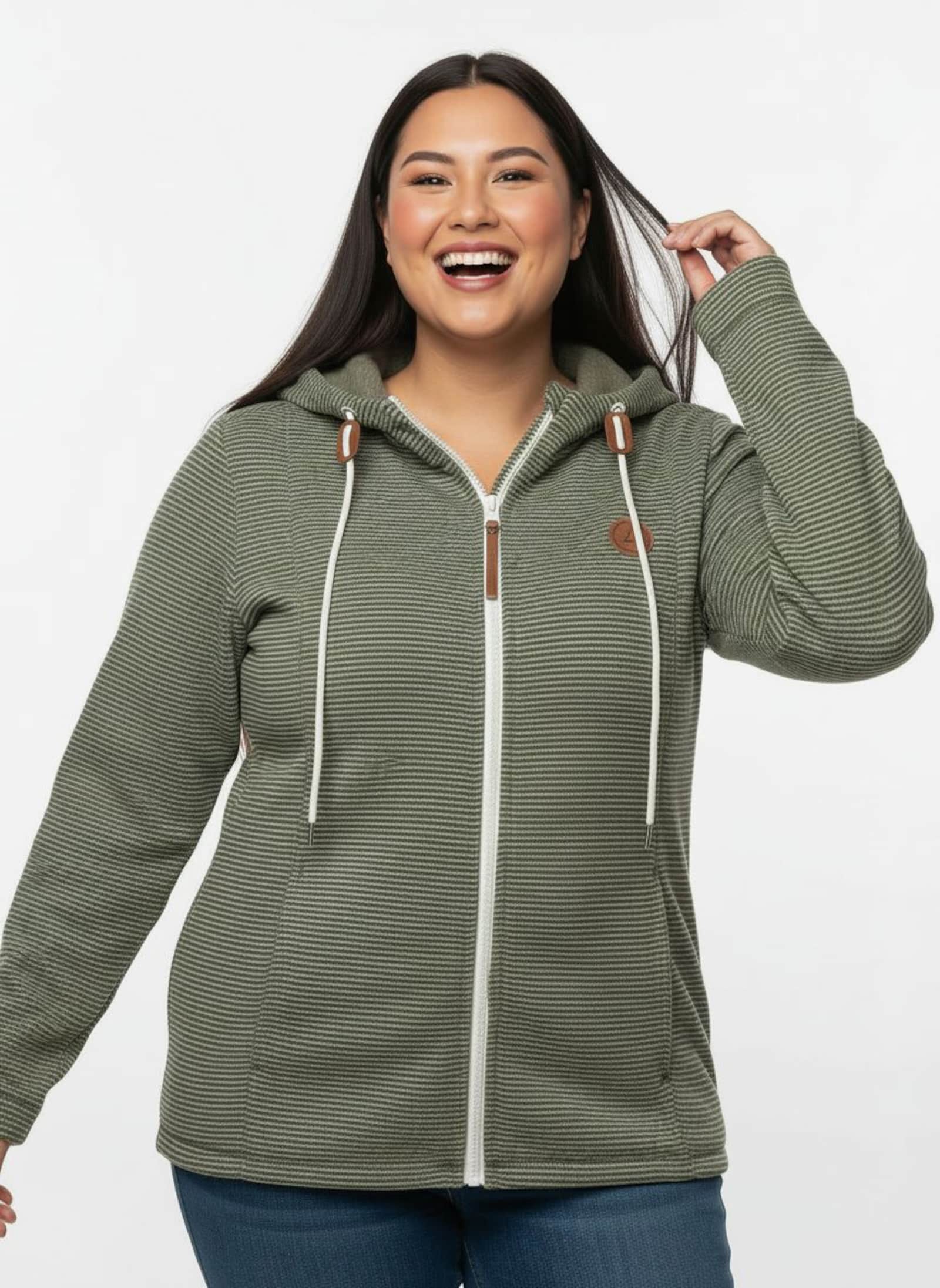 Fleecejacke mit Nahttaschen - oliv-ecru-geringelt