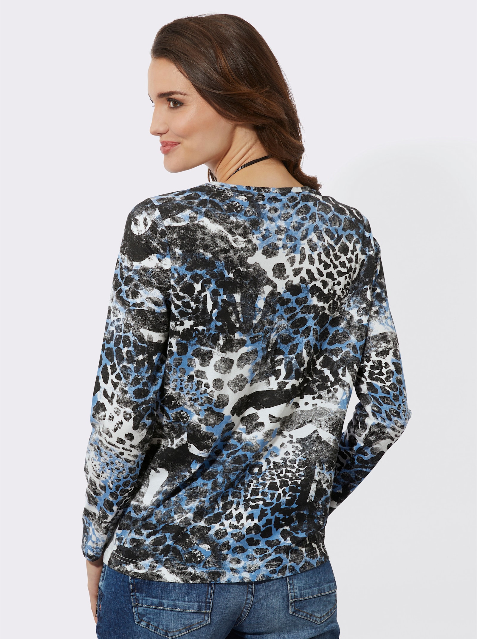 Shirt met print en glittersteentjesapplicatie - ecru/middenblauw bedrukt