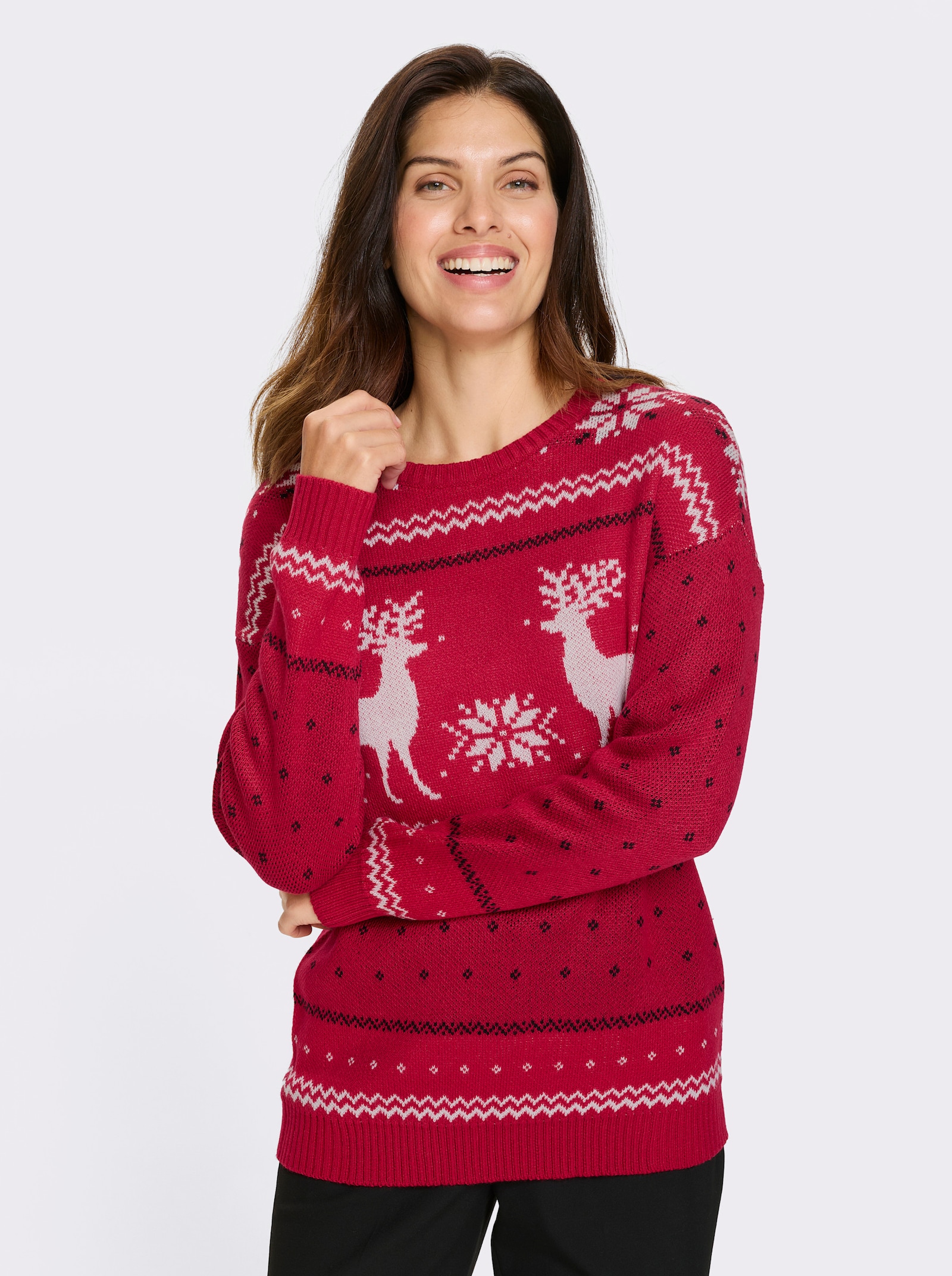 Svetr s dlouhým rukávem s motivem soba - červená-ecru-vzor