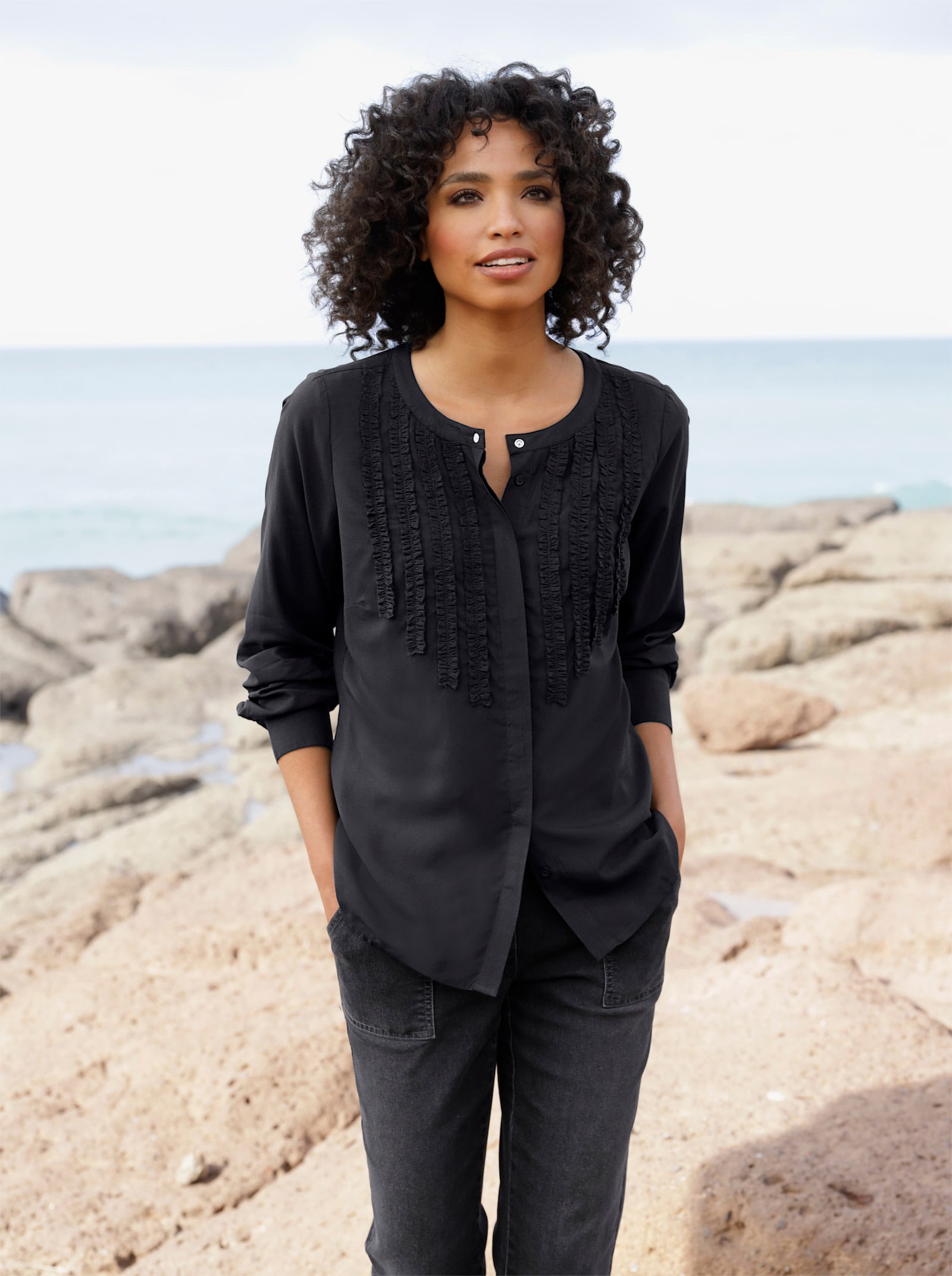 heine Rüschenbluse im Denim-Look - schwarz