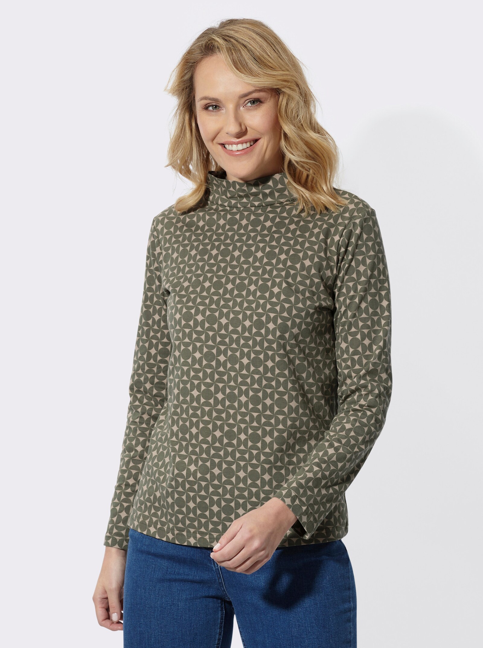  Stehkragenshirt mit Minimalmuster - khaki-beige-bedruckt
