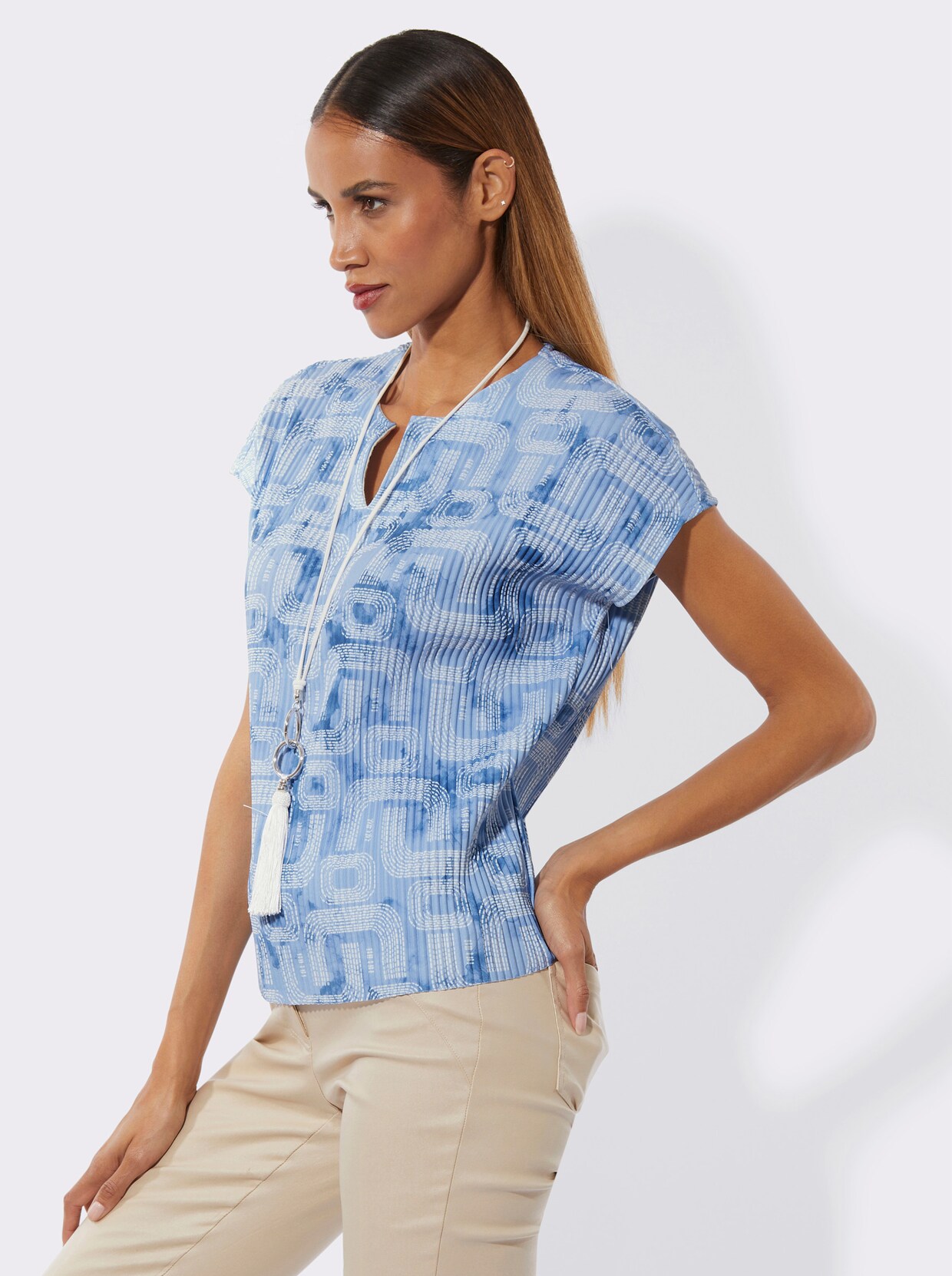 Plissee-Shirt - himmelblau-ecru-bedruckt