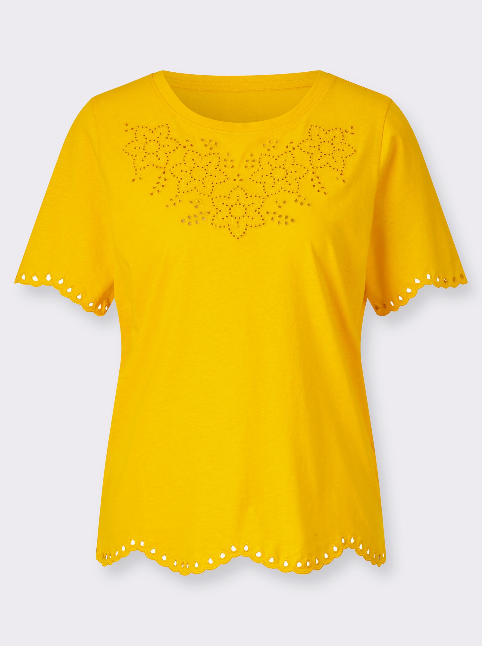 Kurzarmshirt mit Lochstickerei - sonnengelb