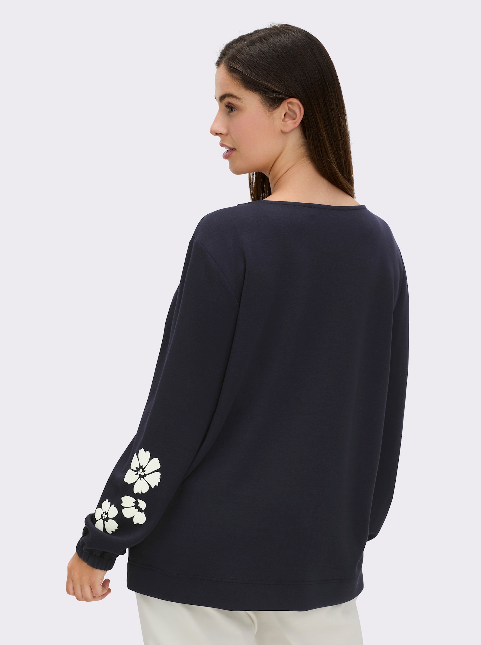 sheego Sweatshirt mit gummierten Blüten - tiefblau-champagner-bedruckt