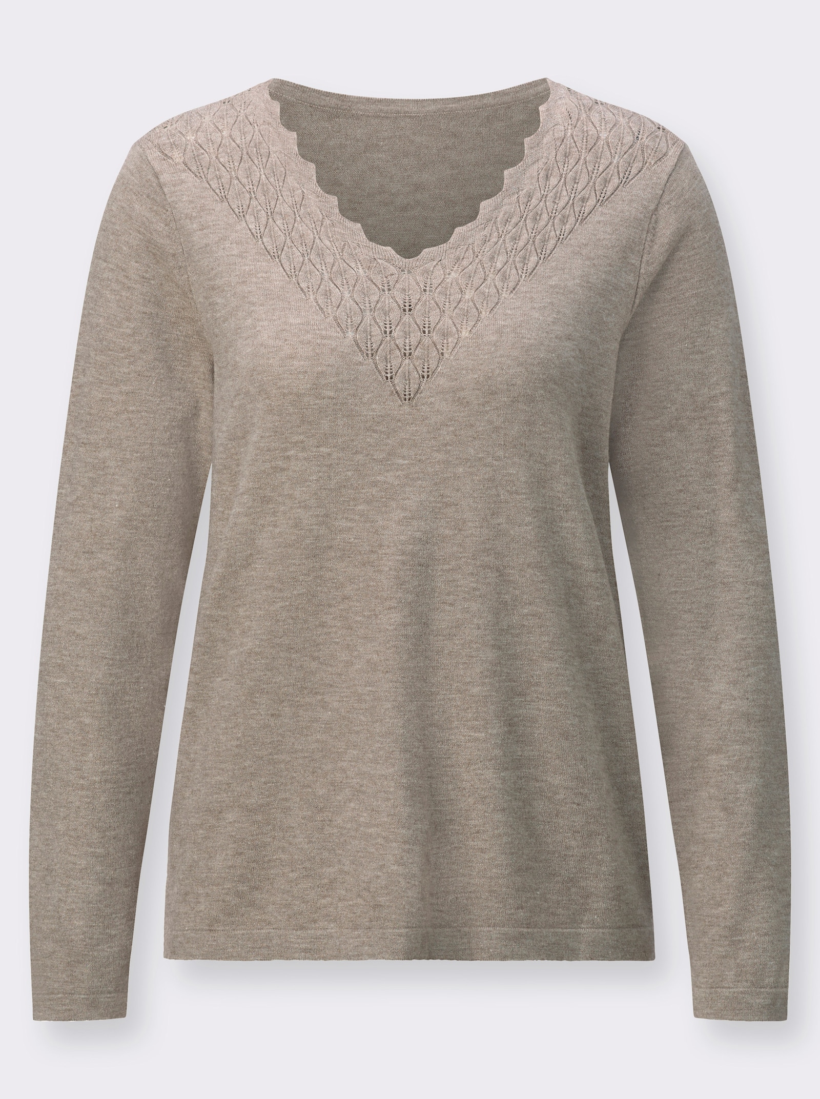 Pullover met V-hals, met golvende randen - sesam gemêleerd