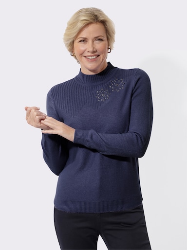 Stehkragenpullover mit Blütenstickerei - marine