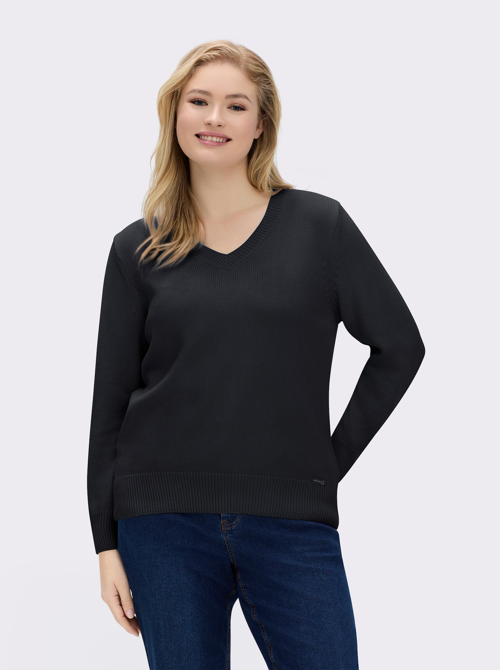 V-Ausschnitt-Pullover mit Baumwolle - schwarz