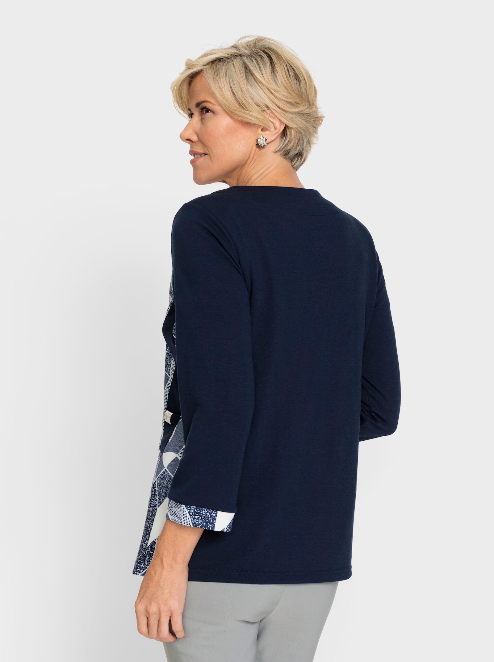 Shirtjasje met contrastinzetten - marine/ecru geprint