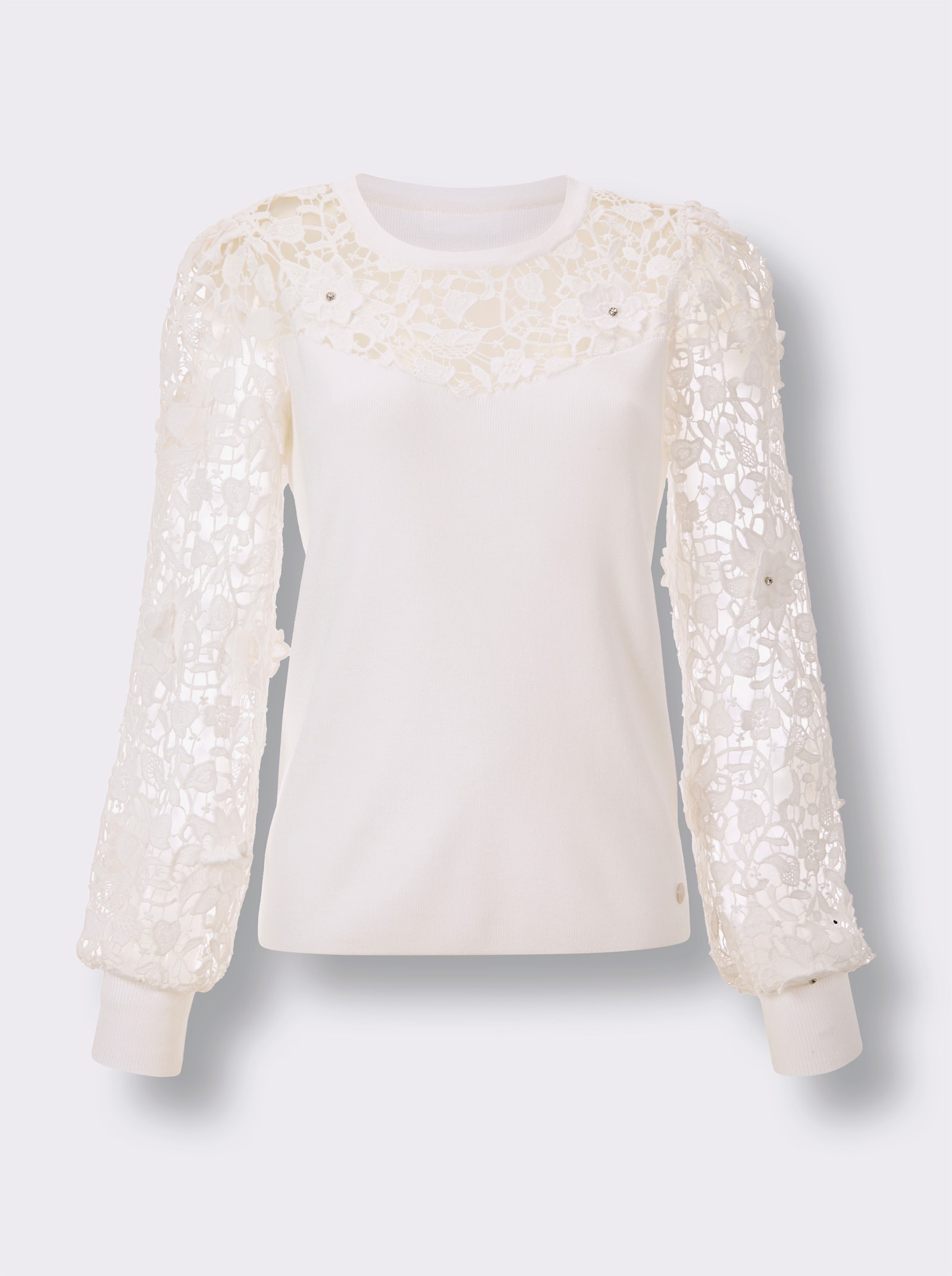 CREATION L PREMIUM Rundhalspullover mit Ballonärmeln aus Spitze - ecru