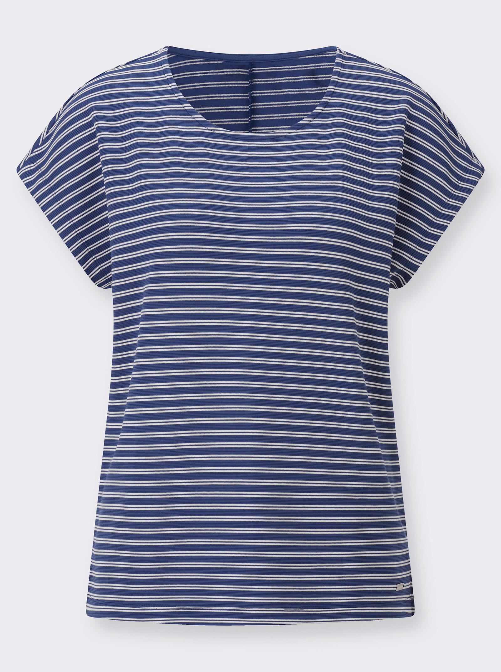 Rundhalsshirt mit zweifarbigem Jacquardmuster - jeansblau-ecru-geringelt