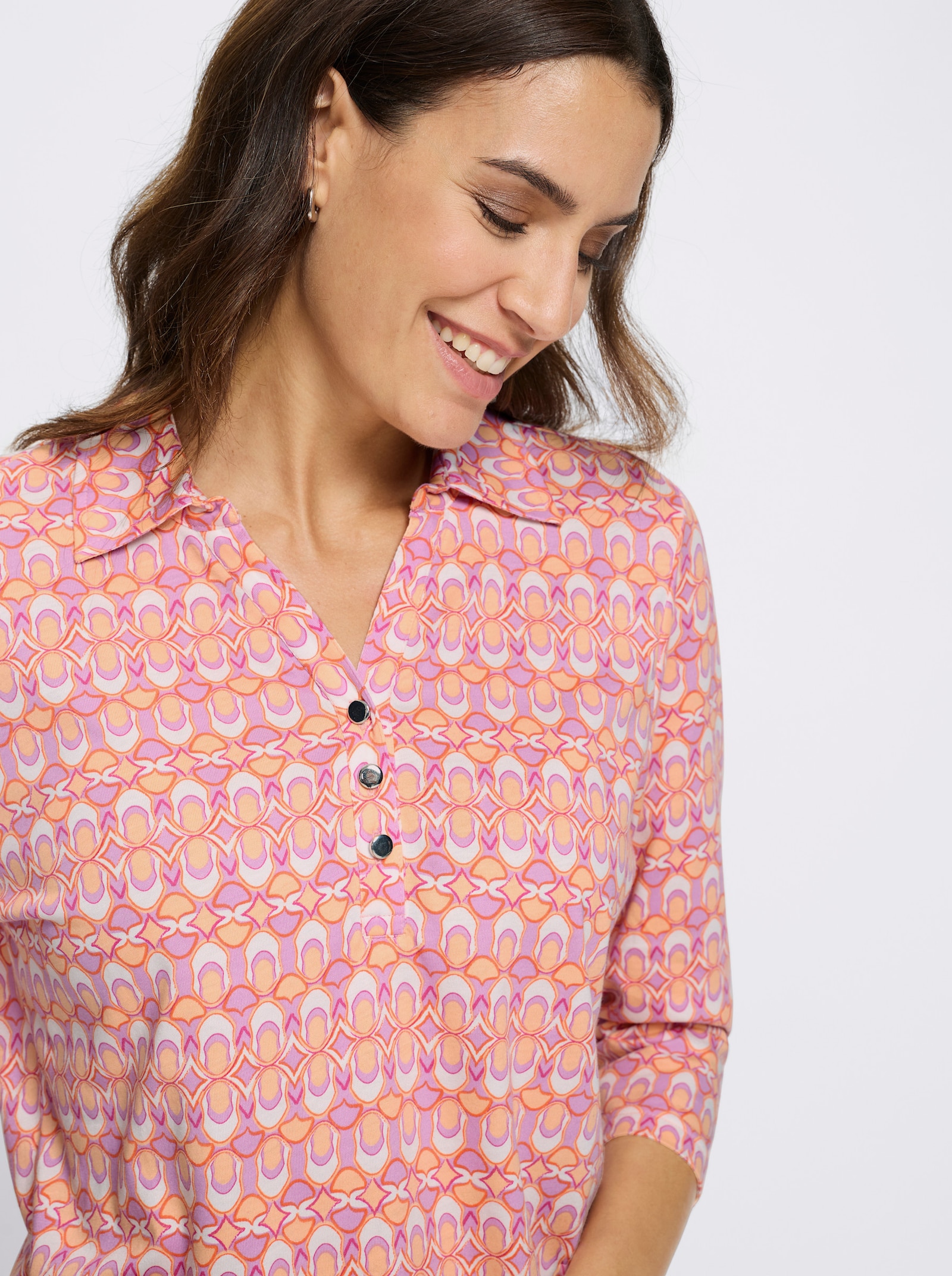 Pikétröja med knappslå - ecru-orkidé, med tryck