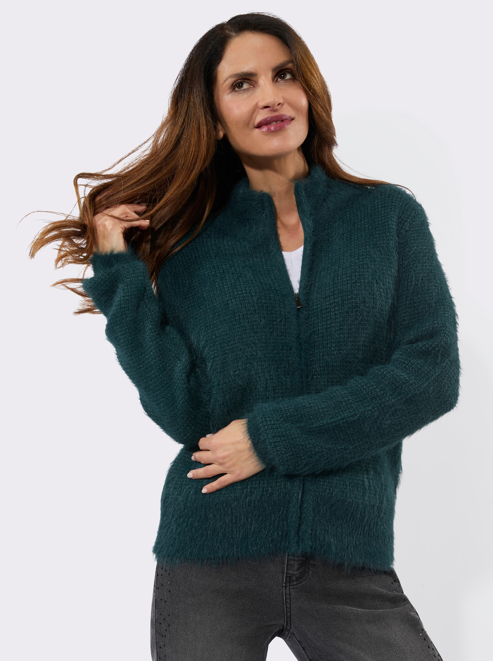 Strickjacke aus Flauschgarn - petrol