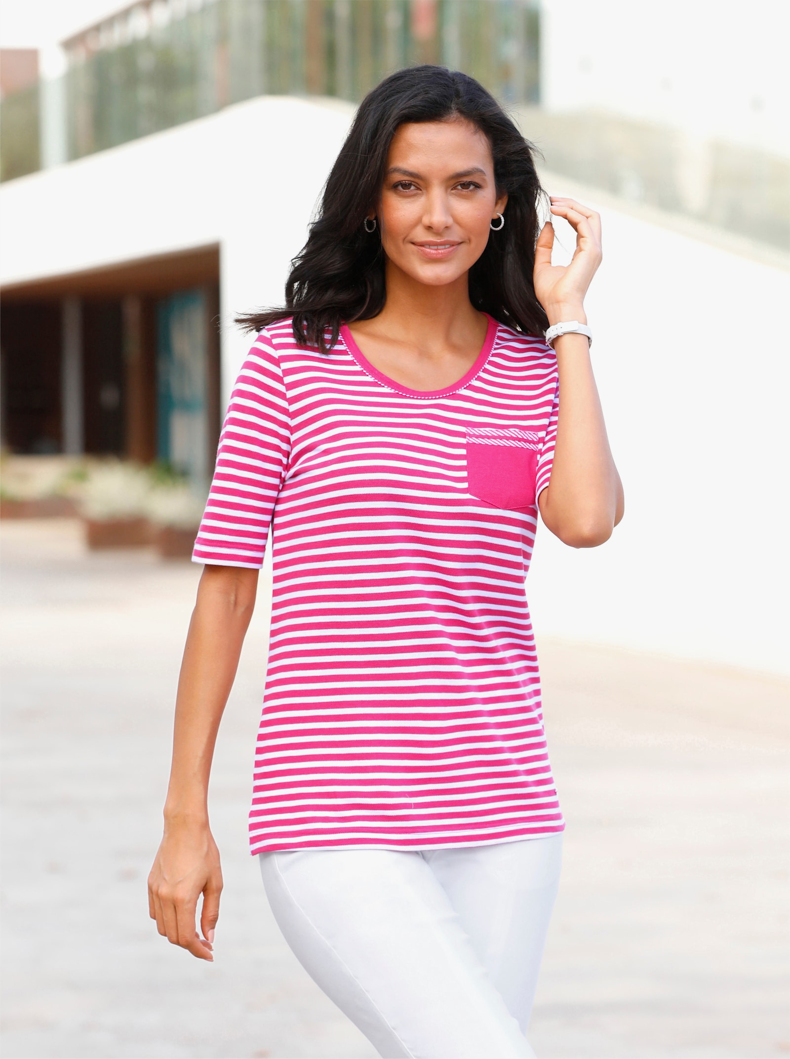 Ringelshirt mit kleiner Brusttasche - fuchsia-weiß-geringelt