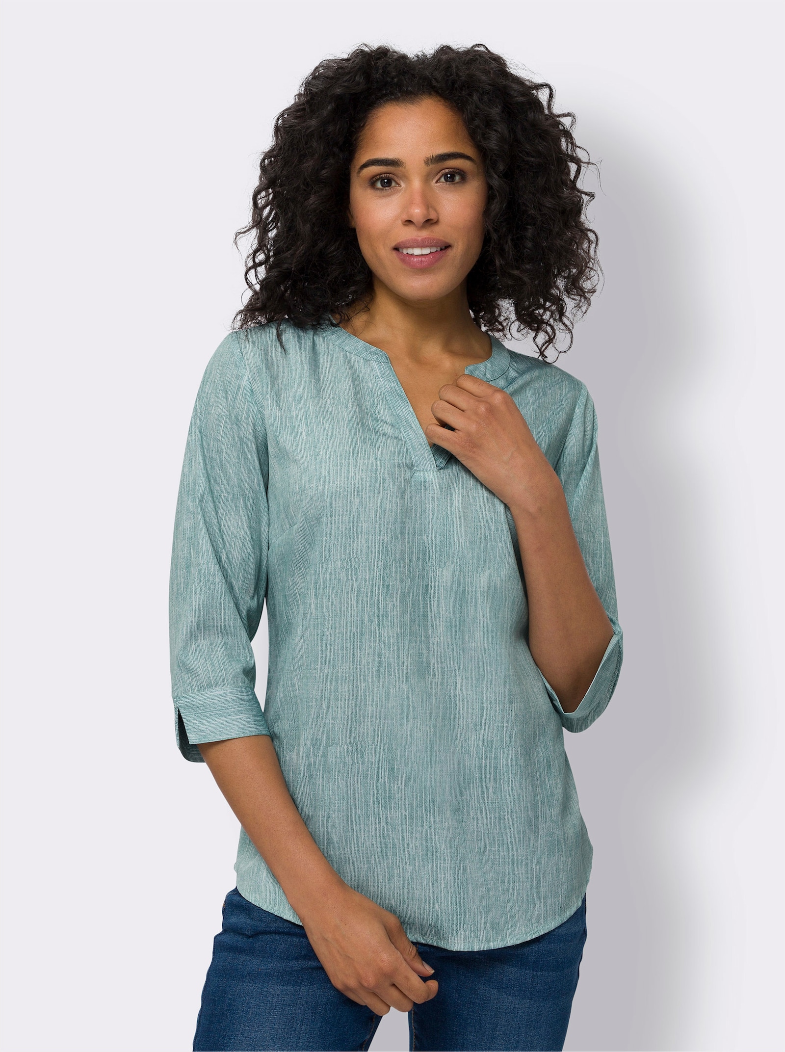 Schlupfbluse in Melange-Optik - jade-ecru-bedruckt