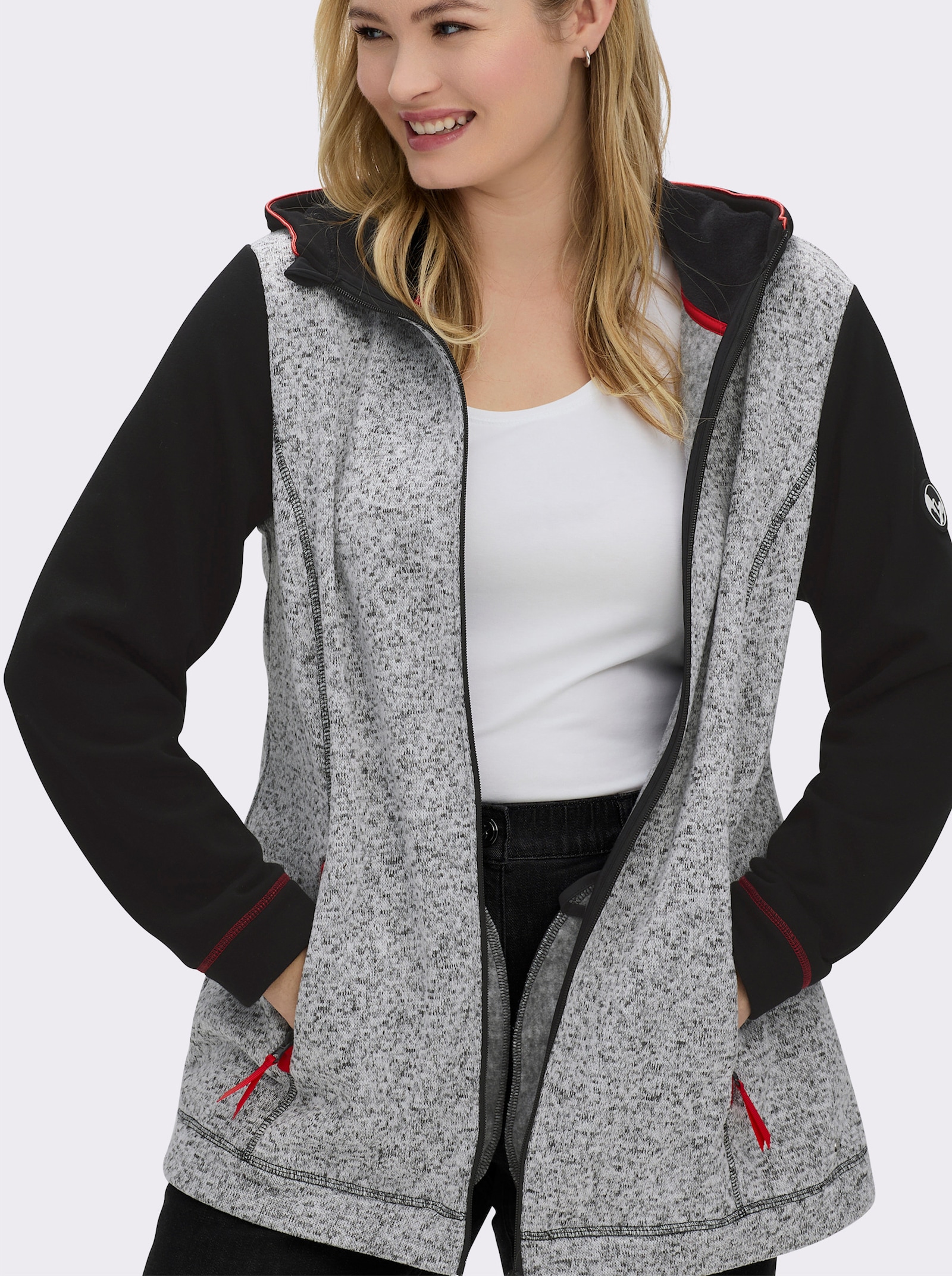 sheego Kapuzenfleecejacke mit Kontrastdetails - schwarz-ecru-meliert