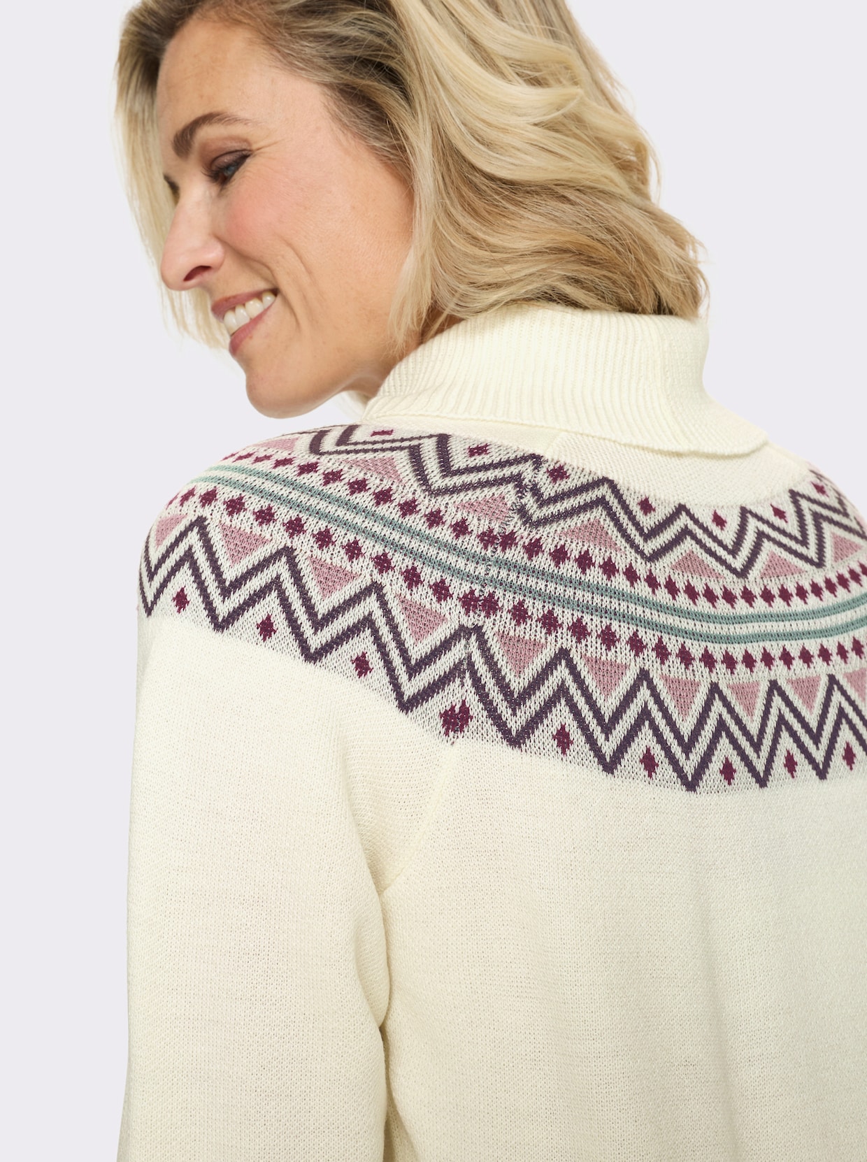 Pullover met rolkraag en Noors patroon - ecru/jade gedessineerd