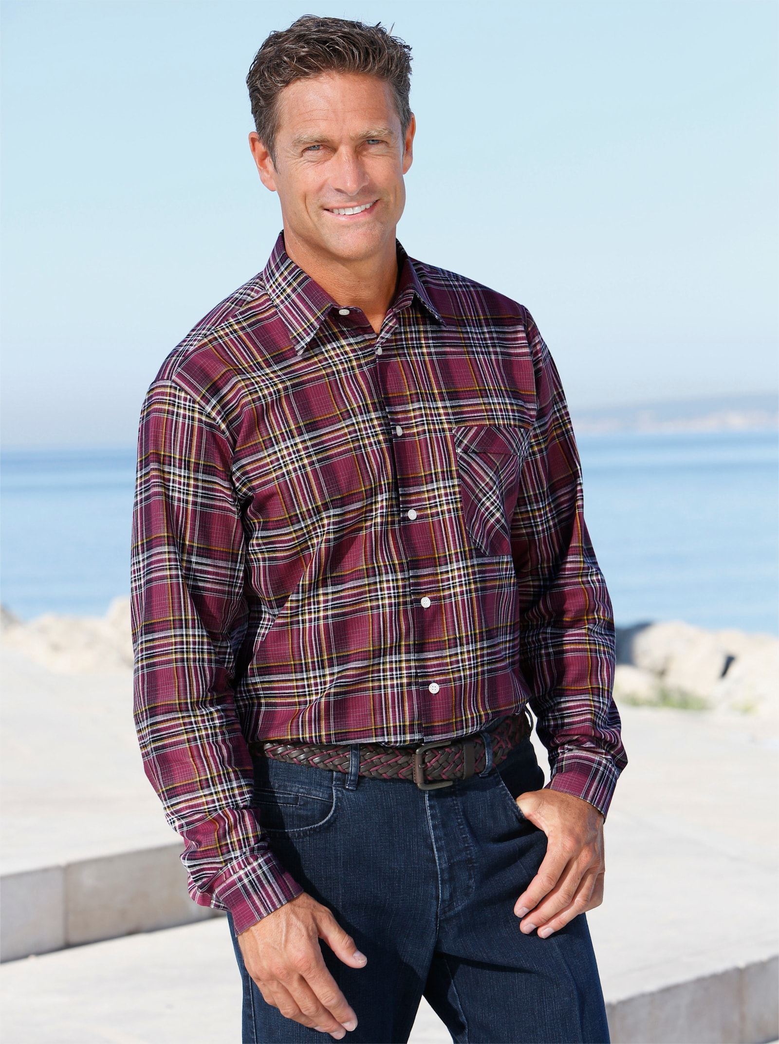 Langarm-Hemd - bordeaux-kariert