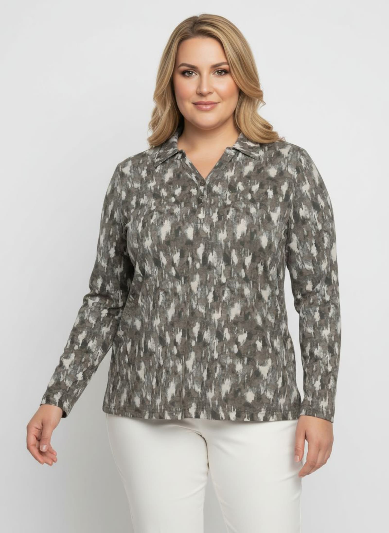 Poloshirt mit kurzer Knopfleiste - taupe-graphit-bedruckt