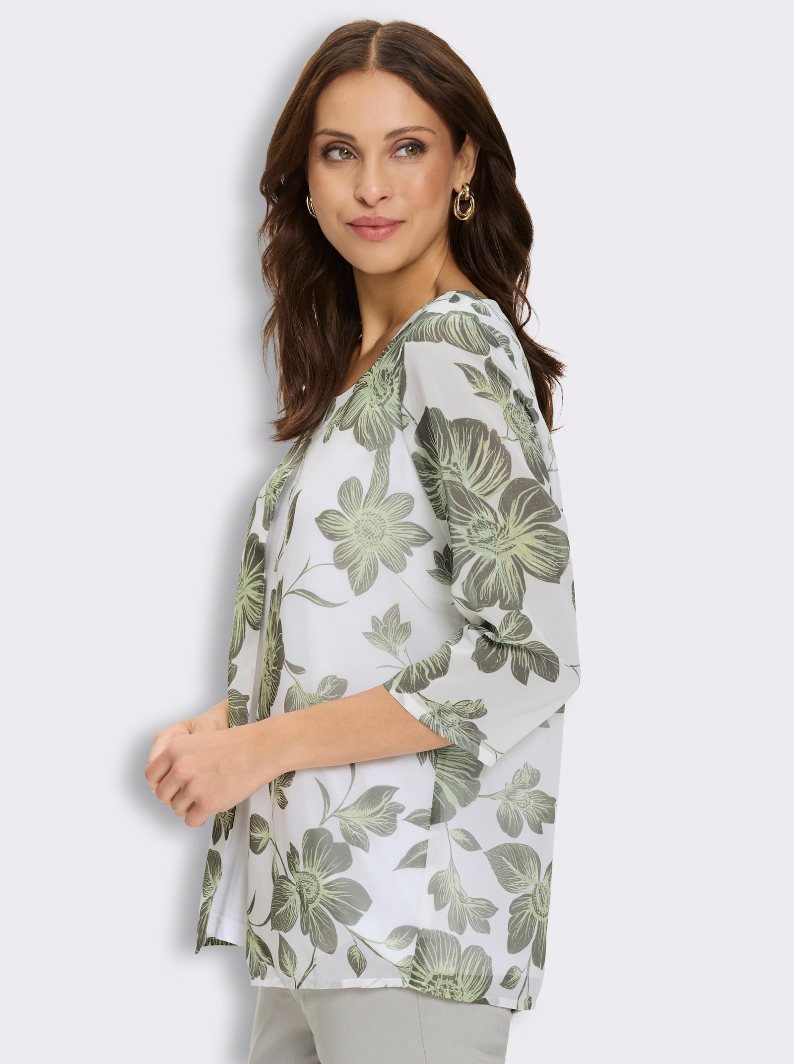 Druckbluse in 2-in-1-Optik - weiß-khaki-bedruckt