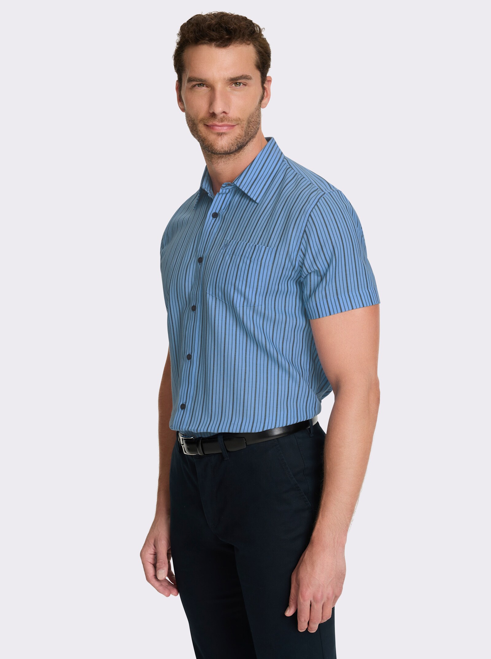 Marco Donati Overhemd met korte mouwen, strijkvrij - hemelsblauw gestreept