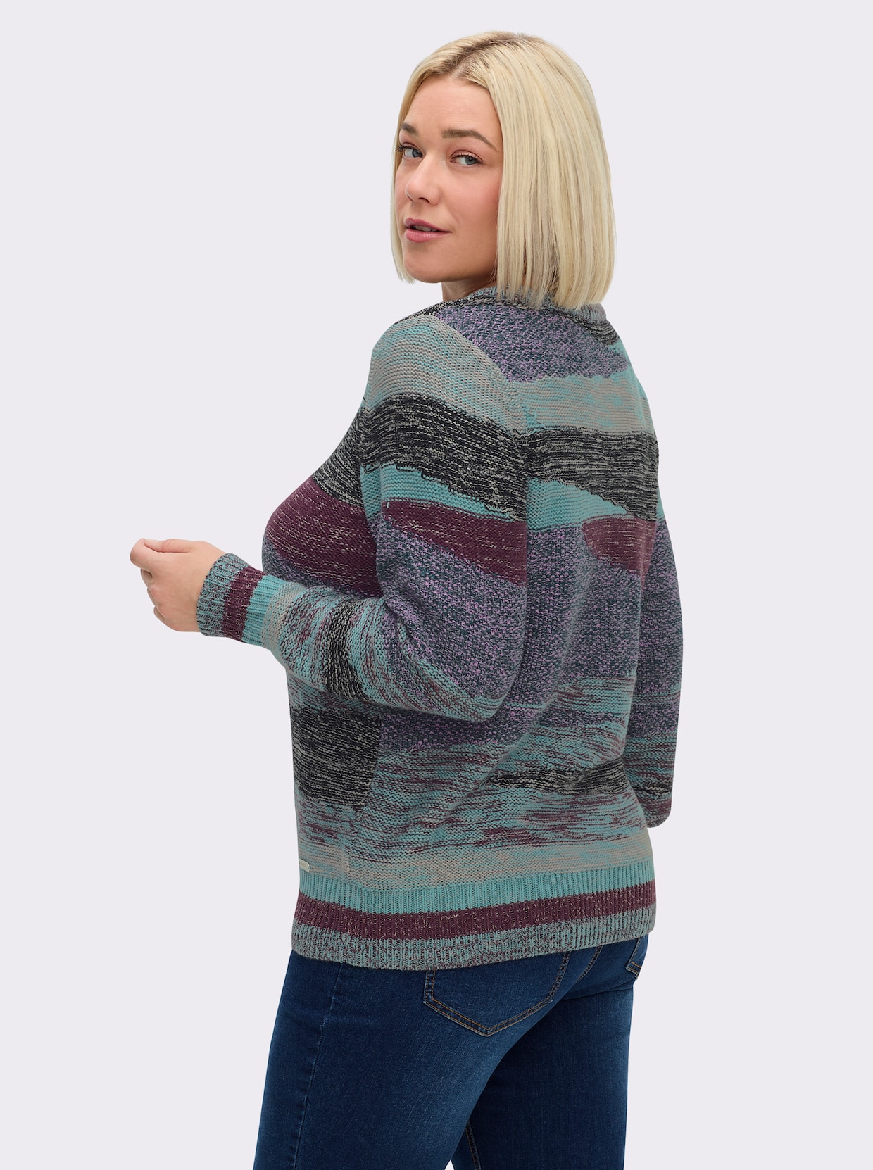 Strickpullover mit farbigen Rippbündchen - jade-steingrau-gemustert