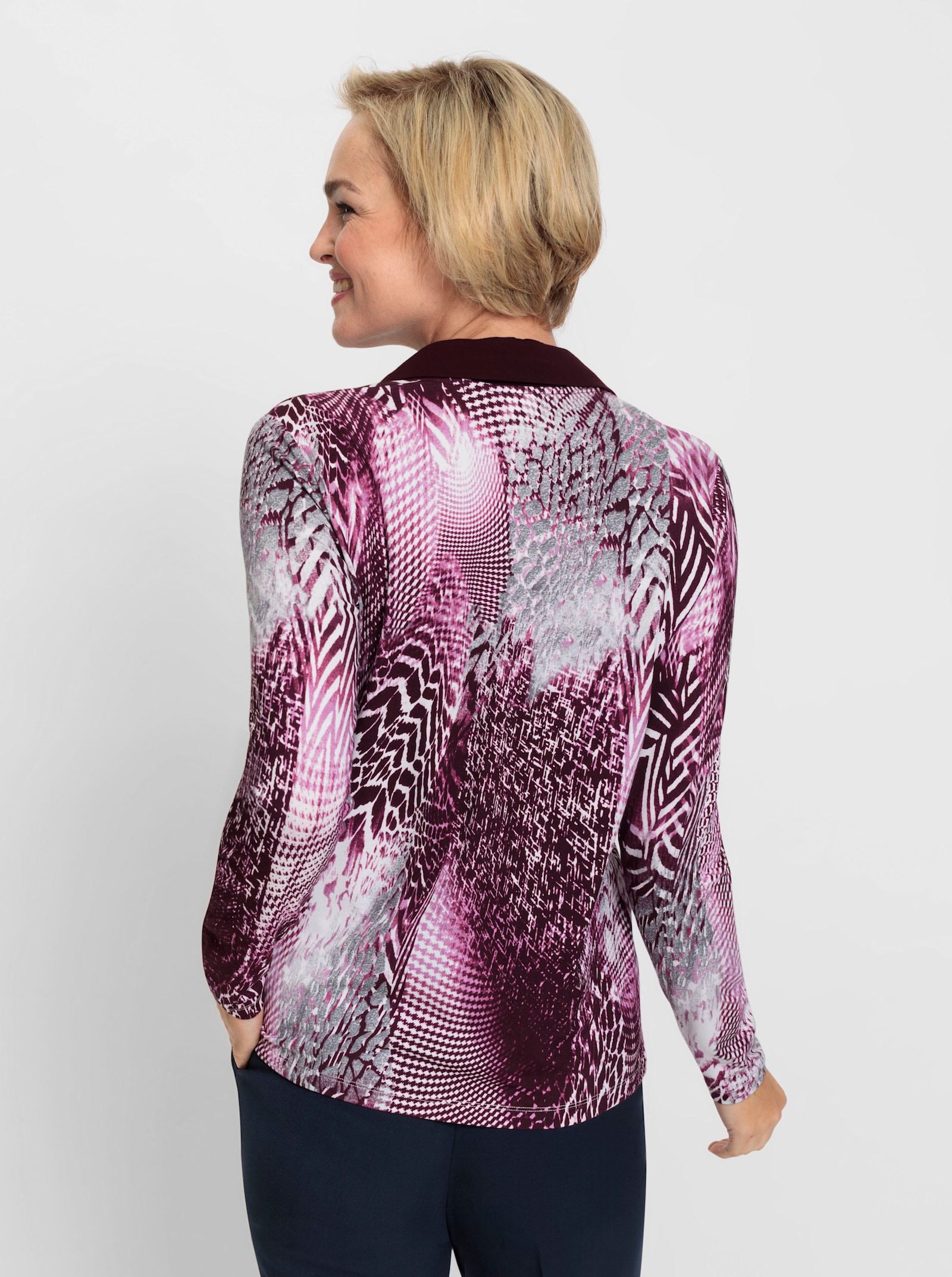 Langarmshirt mit Einsatz am V-Ausschnitt - burgund-steingrau-bedruckt