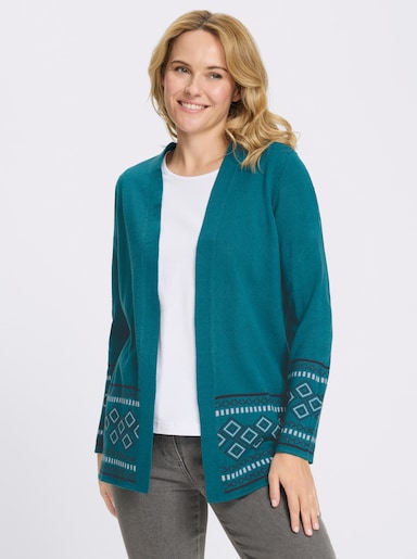 Longstrickjacke mit Bordüren-Muster - petrol-marine