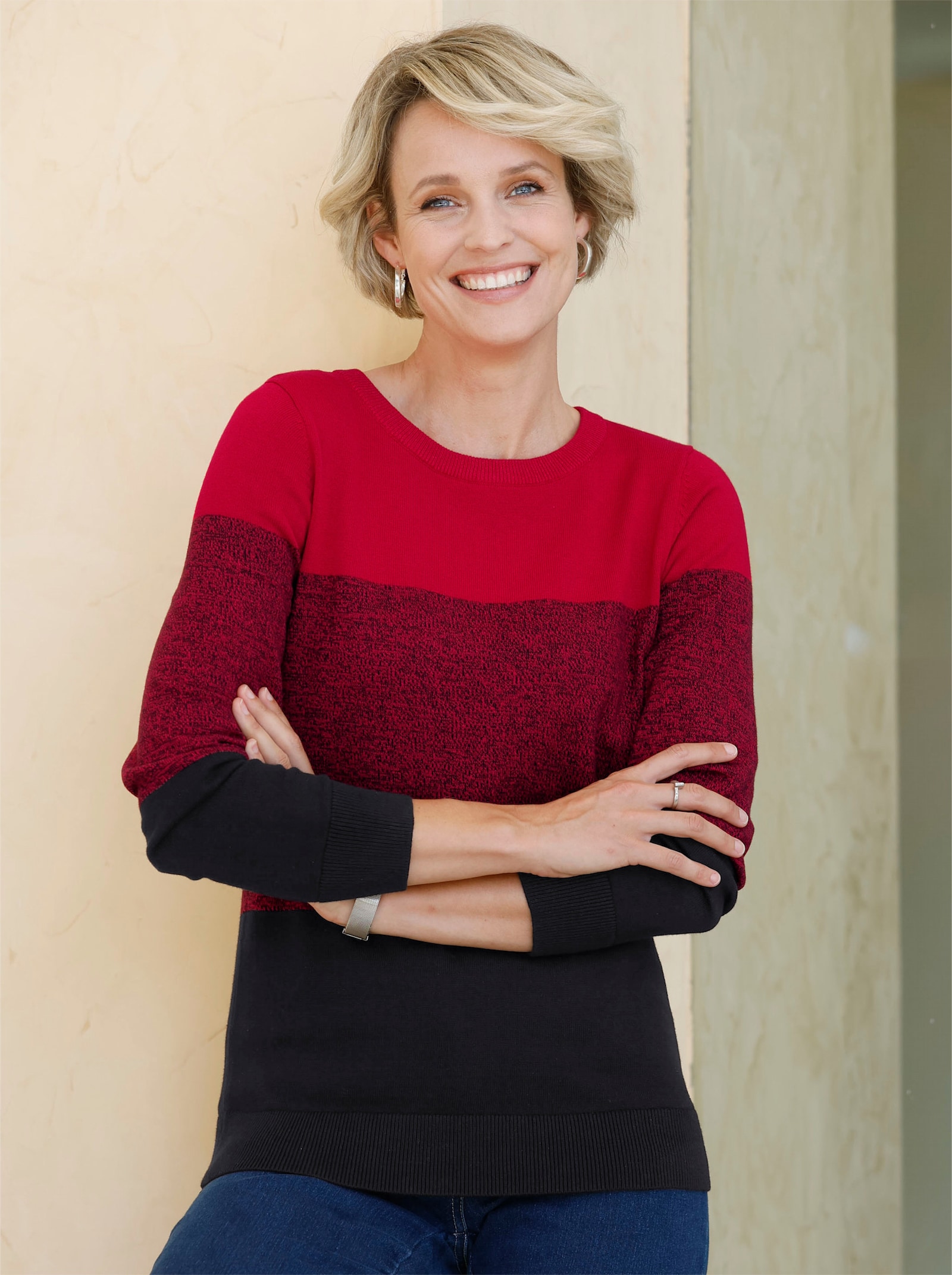 Svetr s dlouhým rukávem a širokými pruhy - červená-černá-vzor