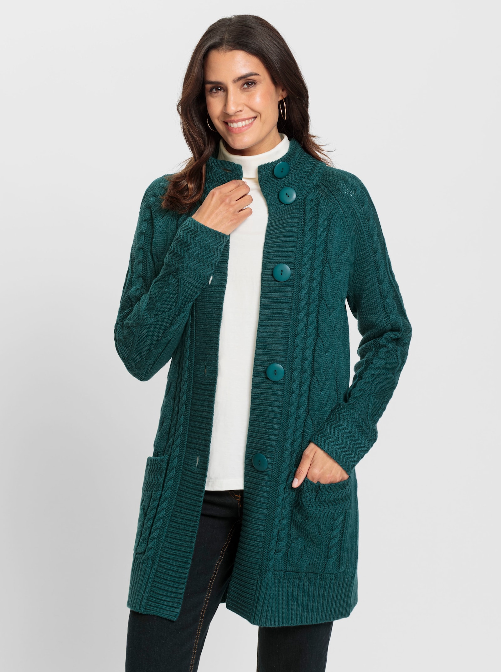 Veste longue en tricot avec motif tricoté - bleu pétrole