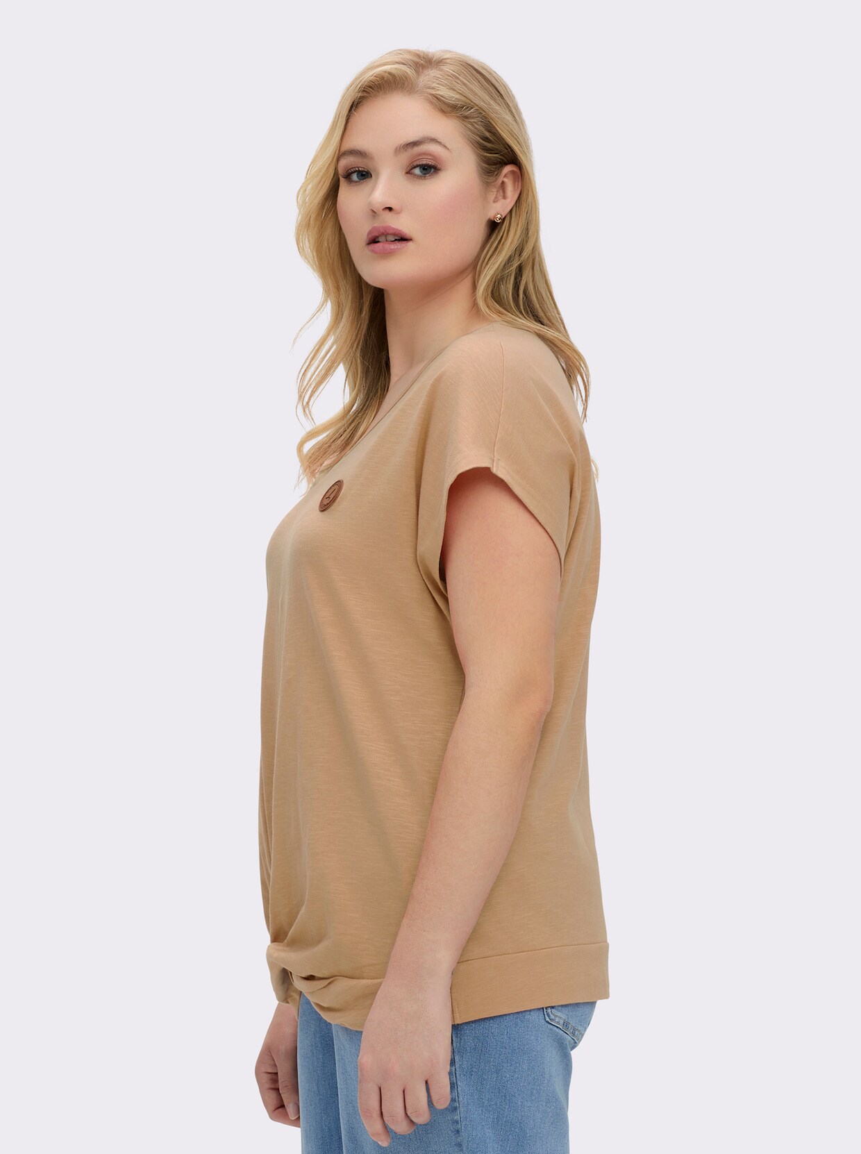 Kurzarmshirt Saum in Knoten-Optik - camel