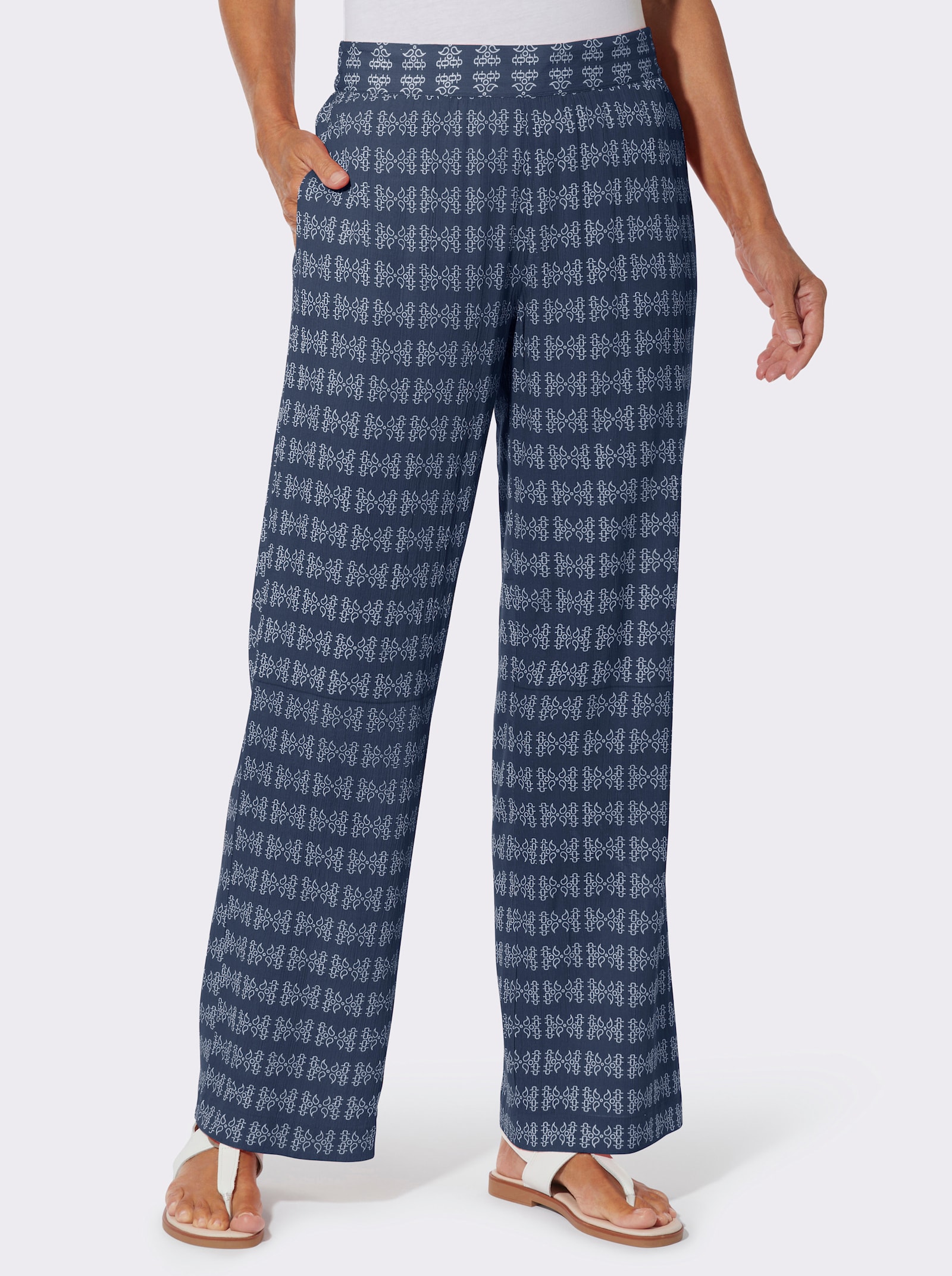 Druckhose in weiter Form - dunkelblau-ecru-bedruckt