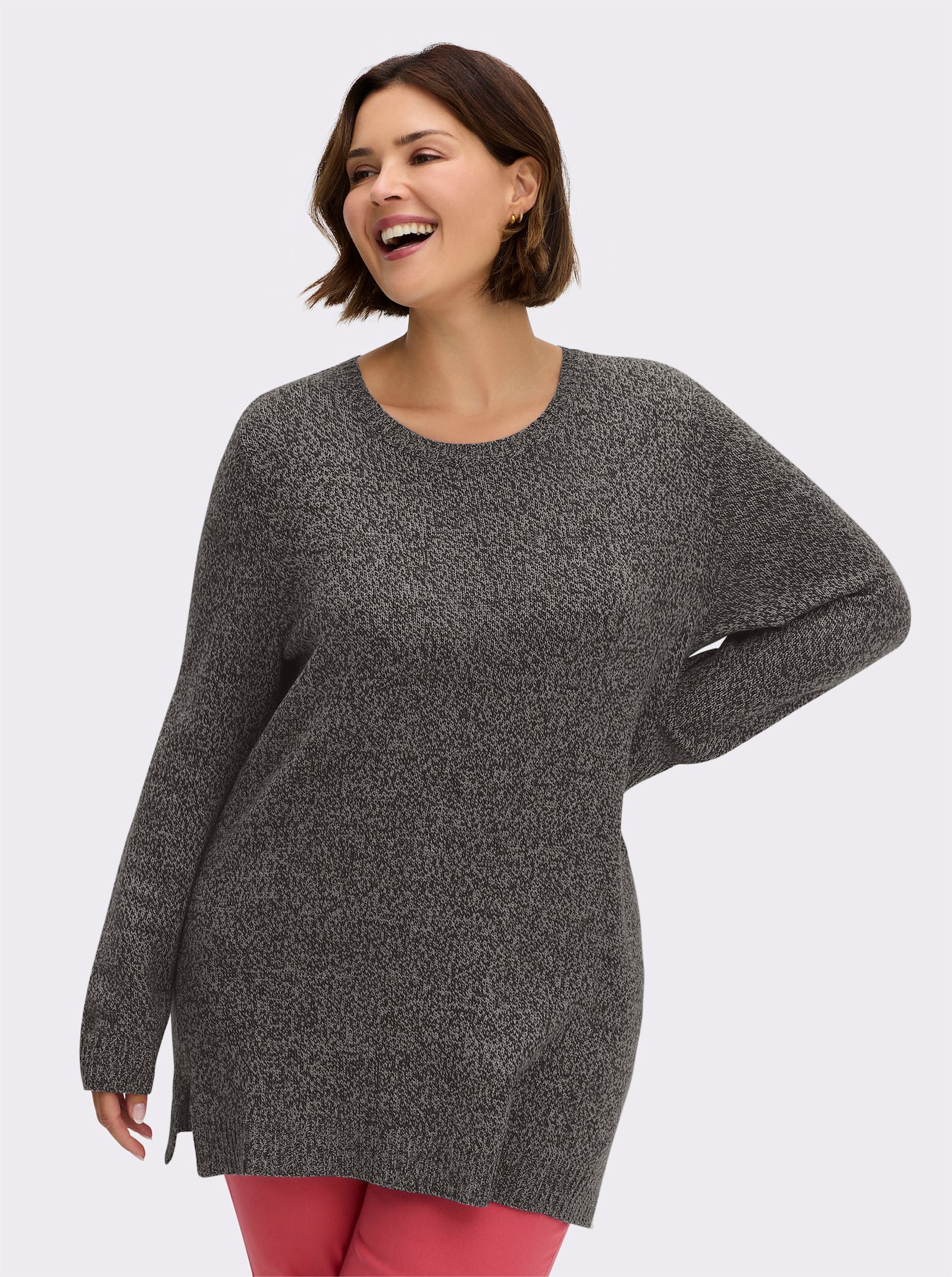 Longpullover aus Melange-Garn - steingrau-meliert