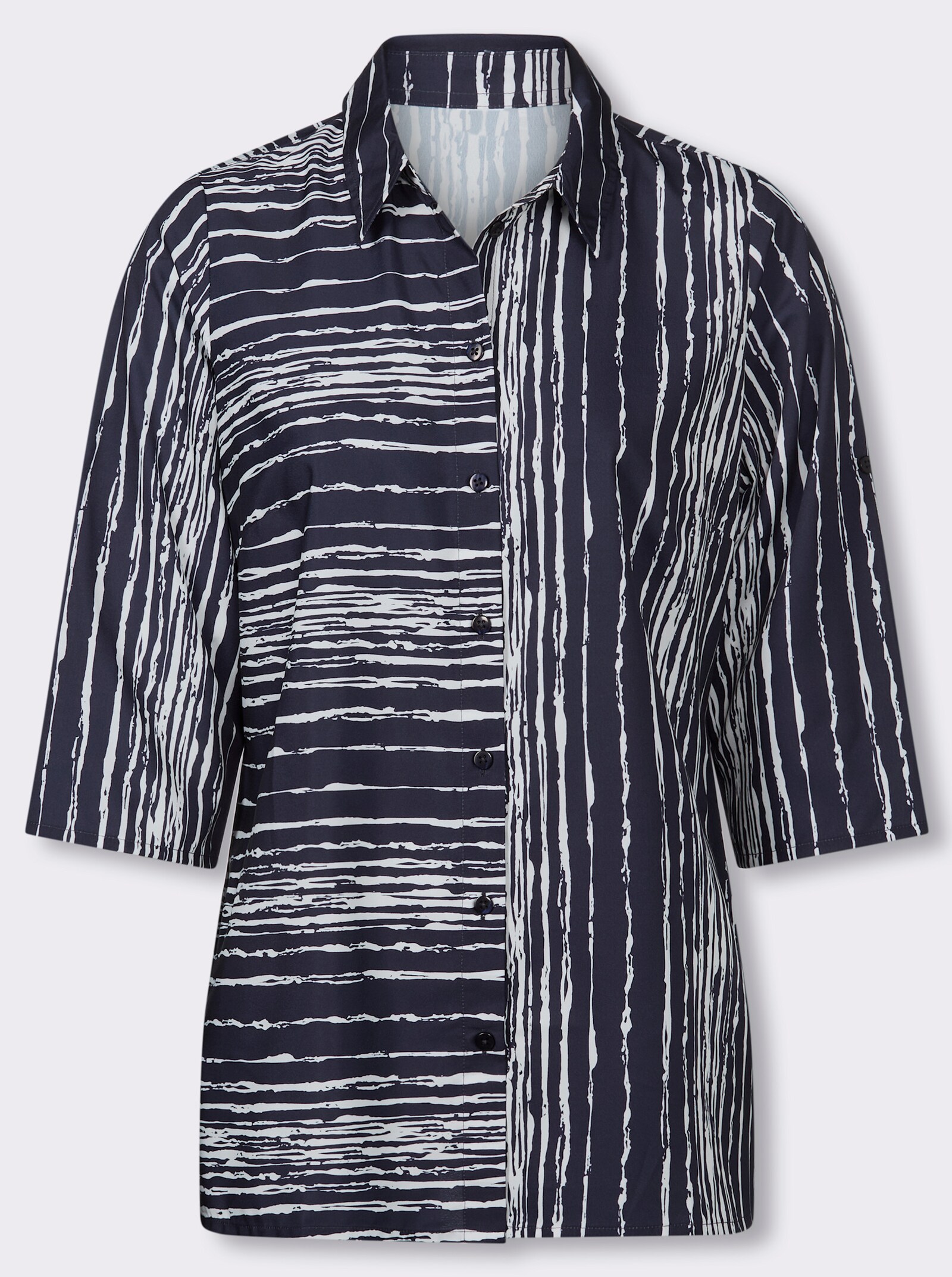 Longbluse mit Seitenschlitzen - marine-ecru-bedruckt