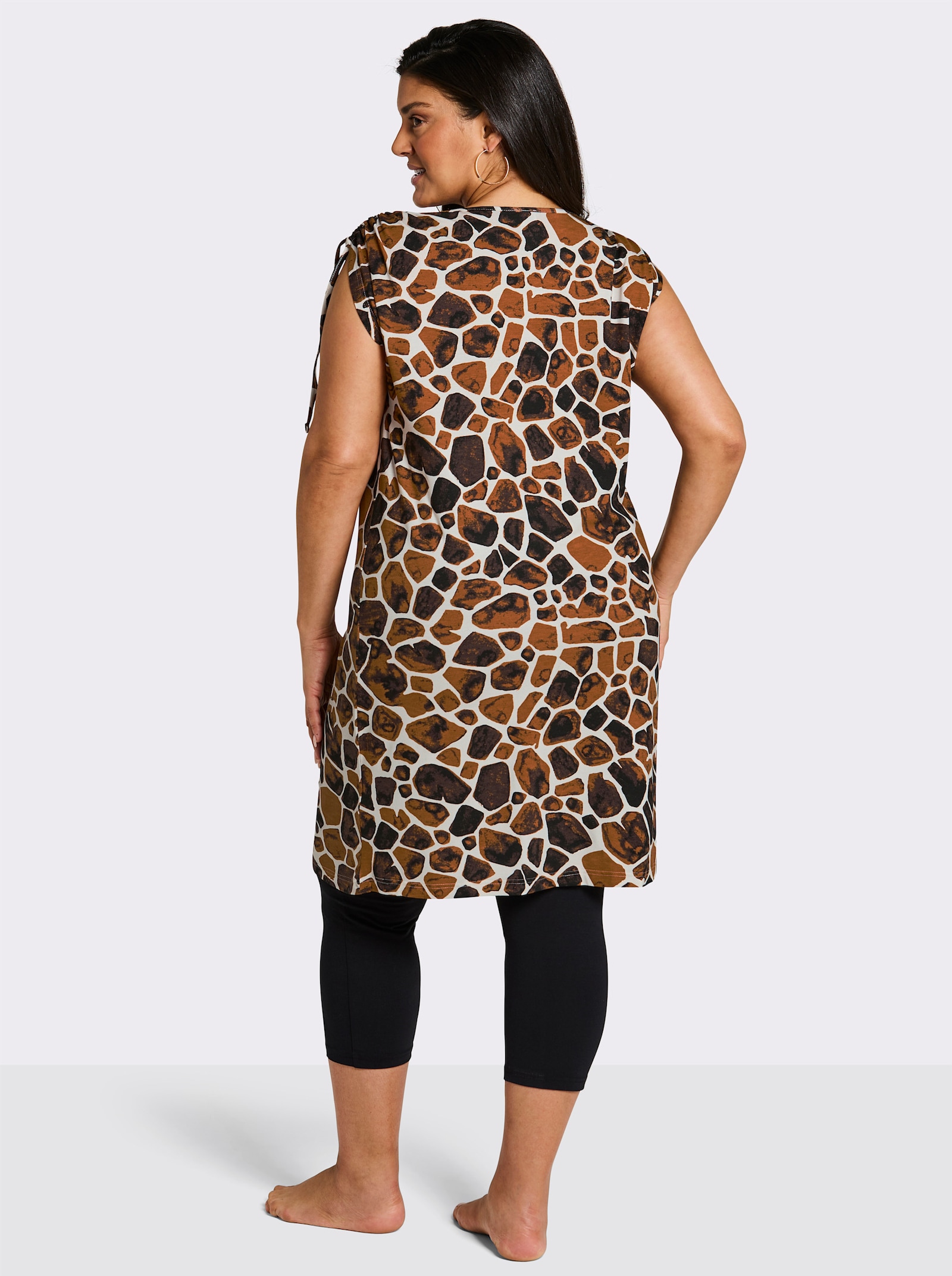 feel good Sommerkleid mit Bindeband an der Schulter - champagner-schoko-bedruckt