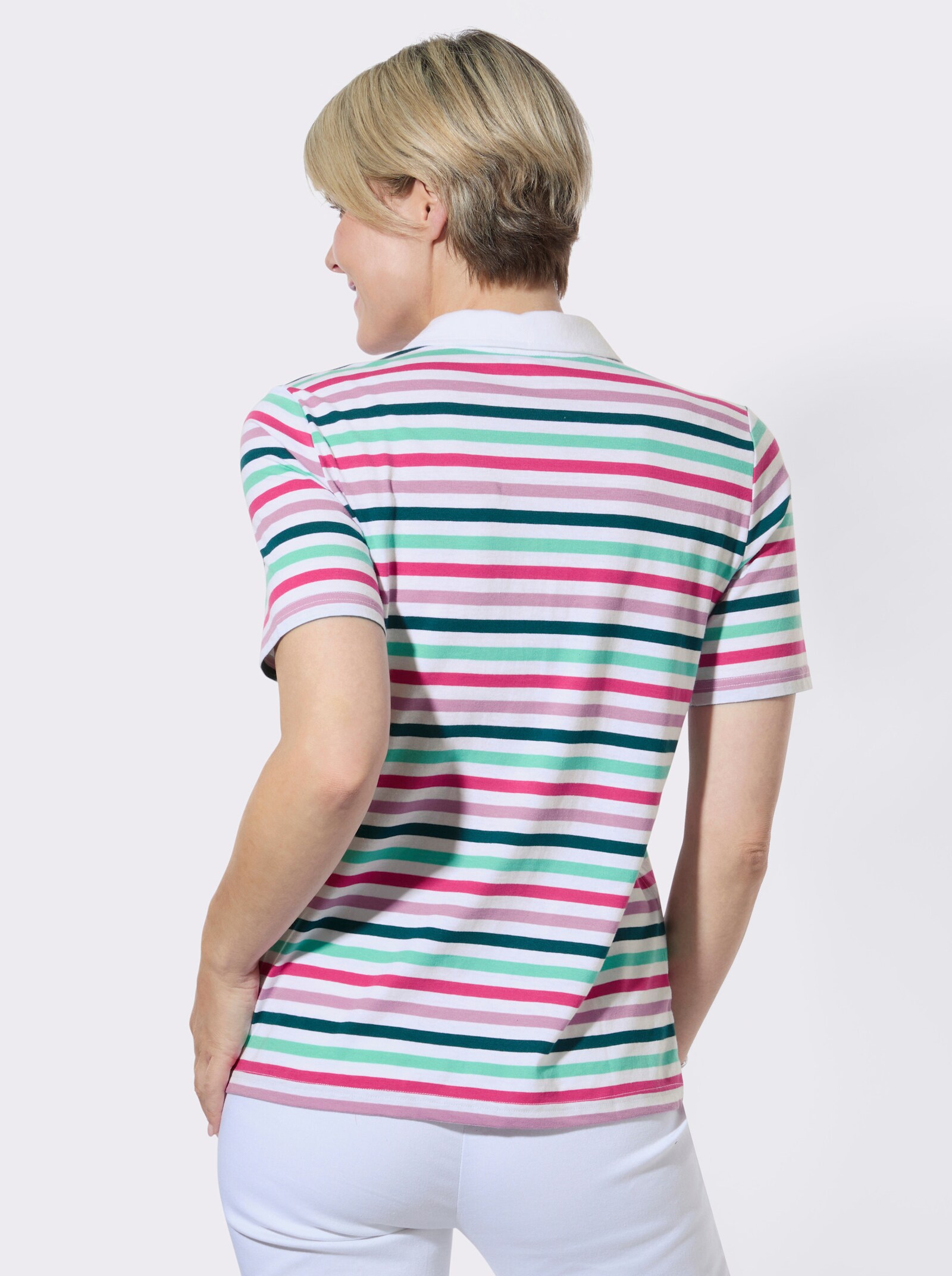 Poloshirt im garngefärbten Ringelmuster - weiß-fuchsia-geringelt