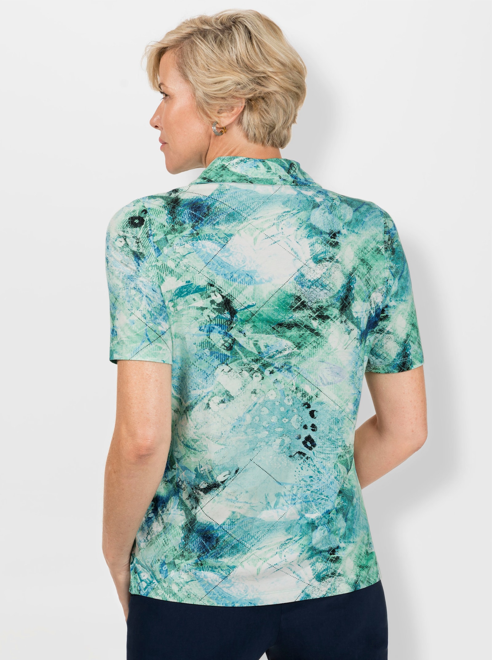 Poloshirt mit goldfarbenem Zipper - mint-jeansblau-bedruckt