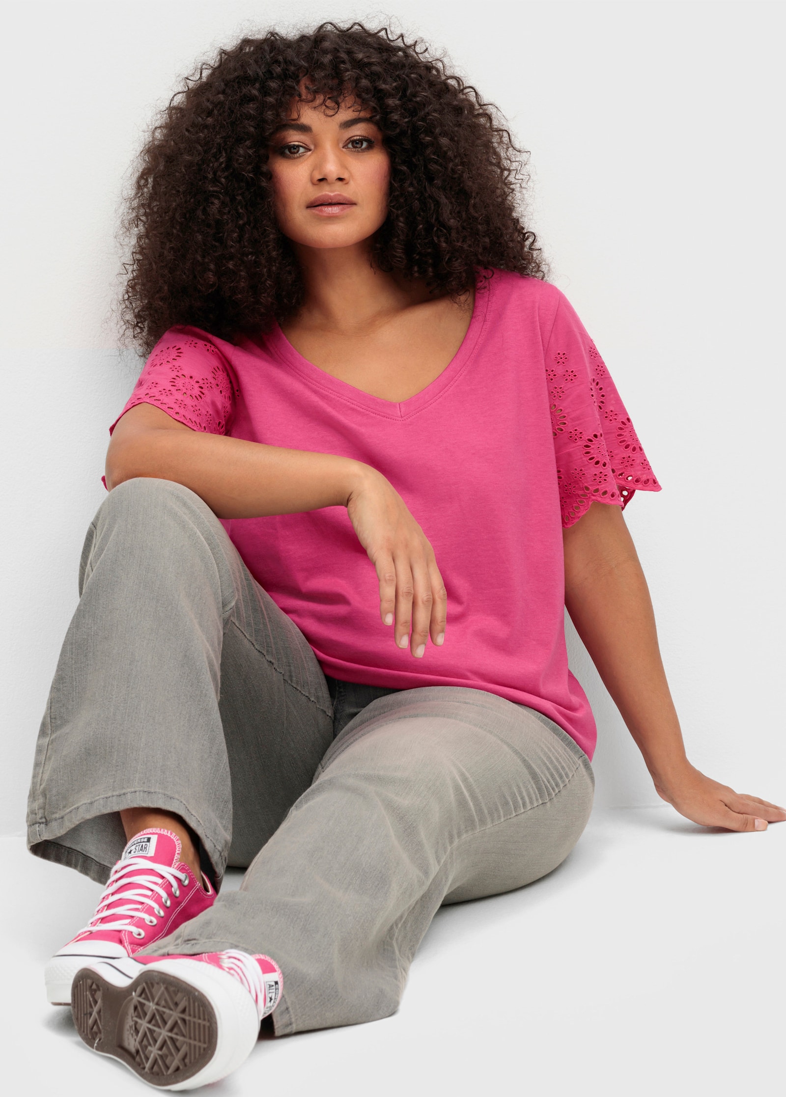 sheego by Joe Browns Shirt met mouwen met ajourwerk - fuchsia