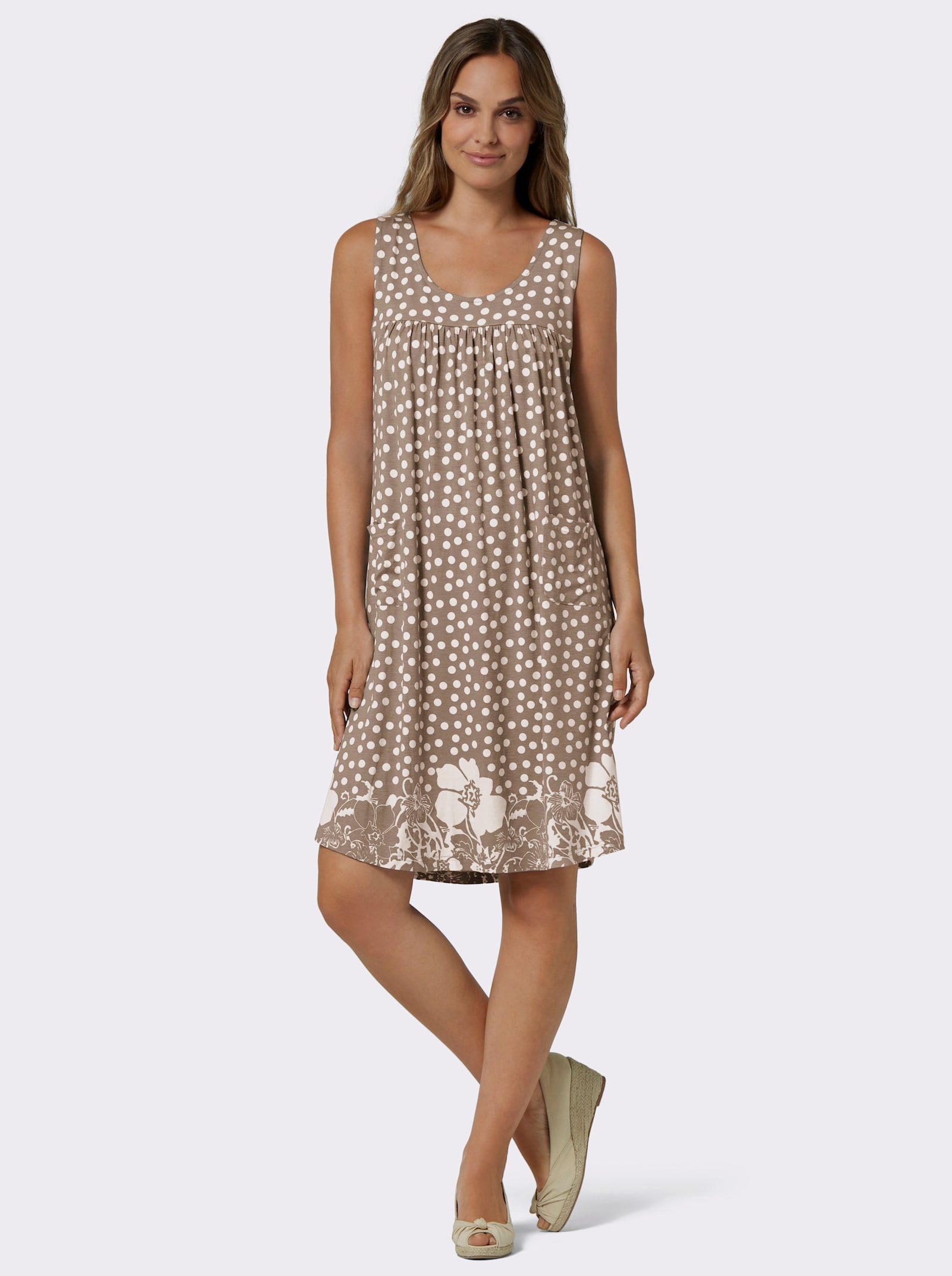 Žerzejové šaty s bordurovým potiskem - taupe-bílá-potisk