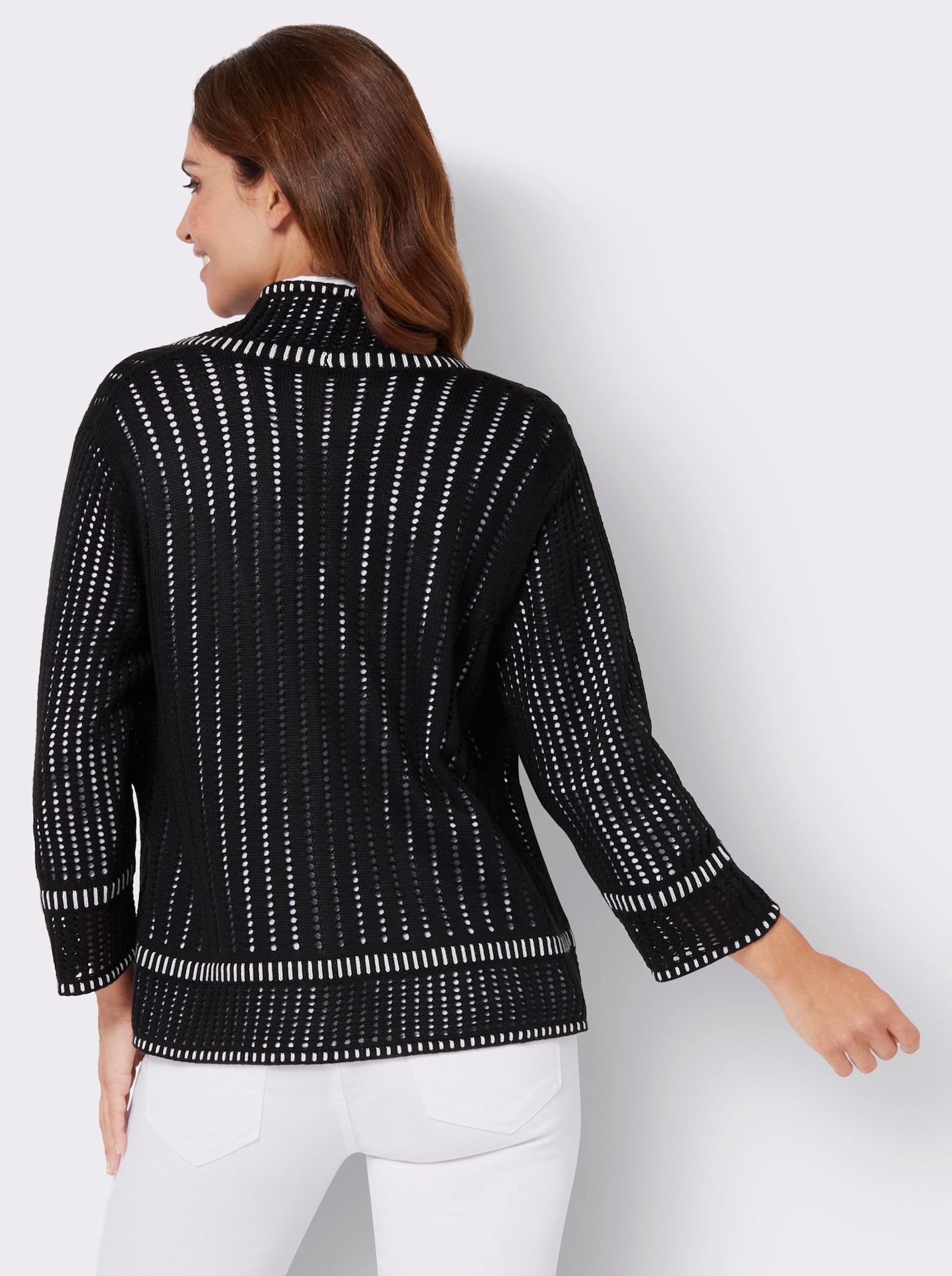 Ajourstrickjacke mit Bindeband - schwarz