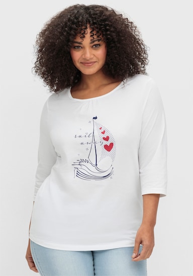 3/4-Arm-Shirt aus reiner Baumwolle - ecru-marine