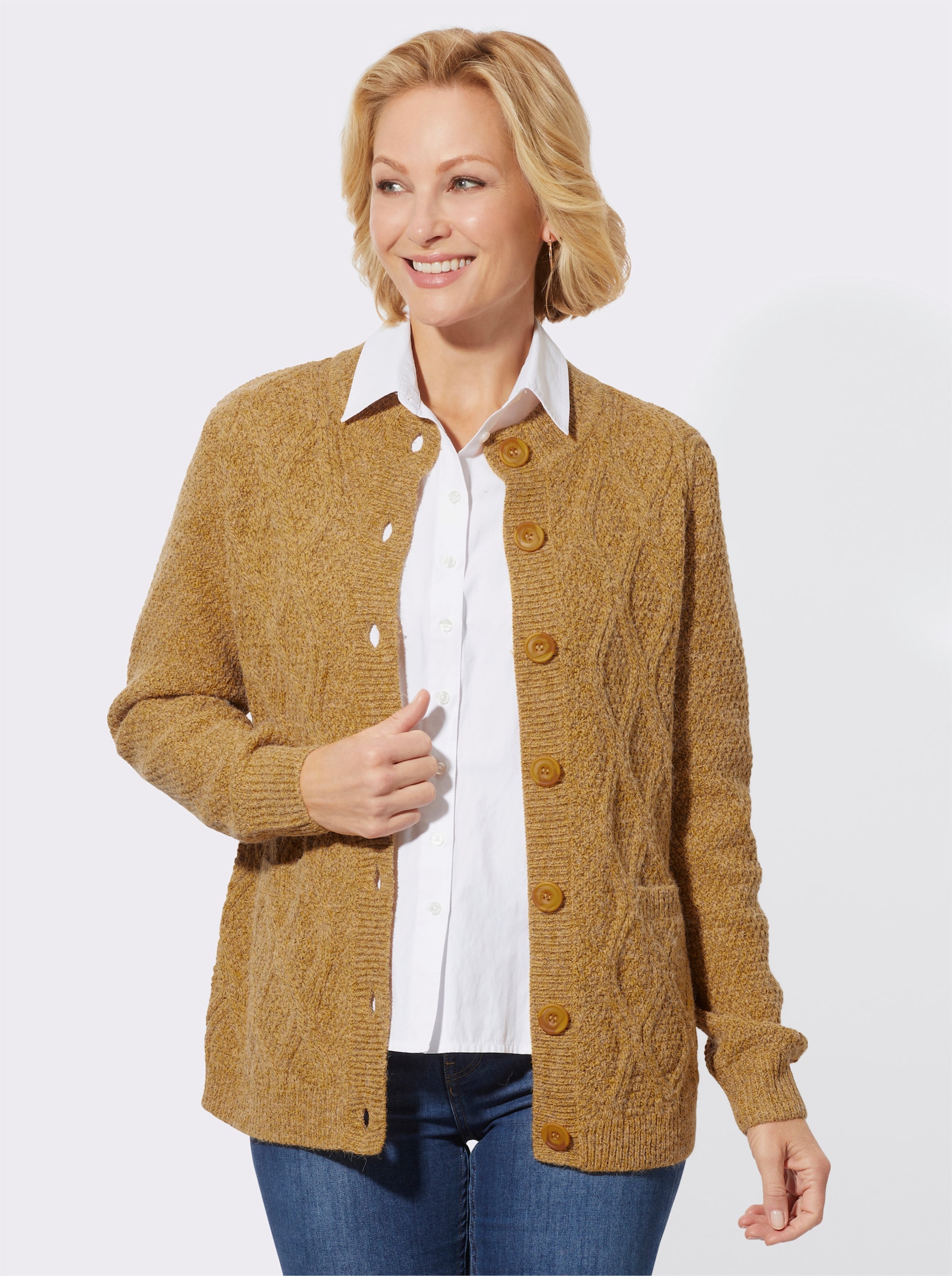 Strickjacke mit Rautenmuster - ocker-meliert