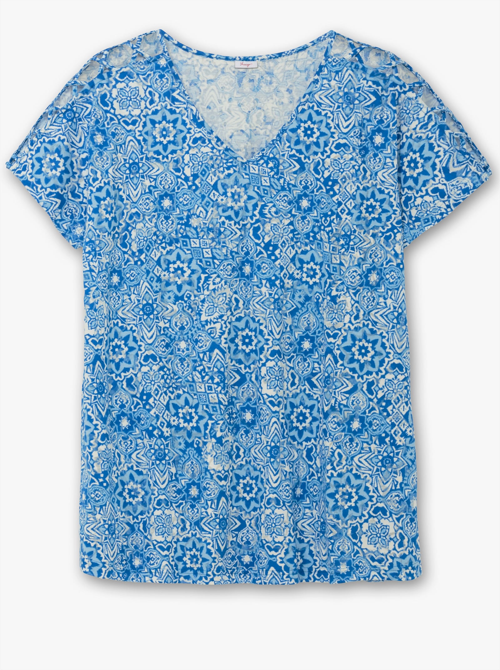 sheego Shirt met etskantprint en schoudersplitten - kobalt gedessineerd