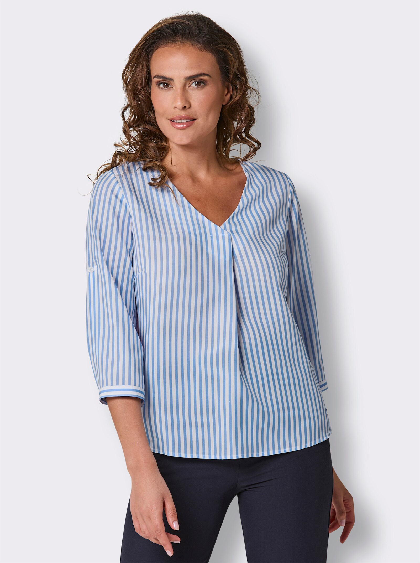 CREATION L PREMIUM Gestreifte Bluse mit Krempelärmel - himmelblau-ecru-gestreift