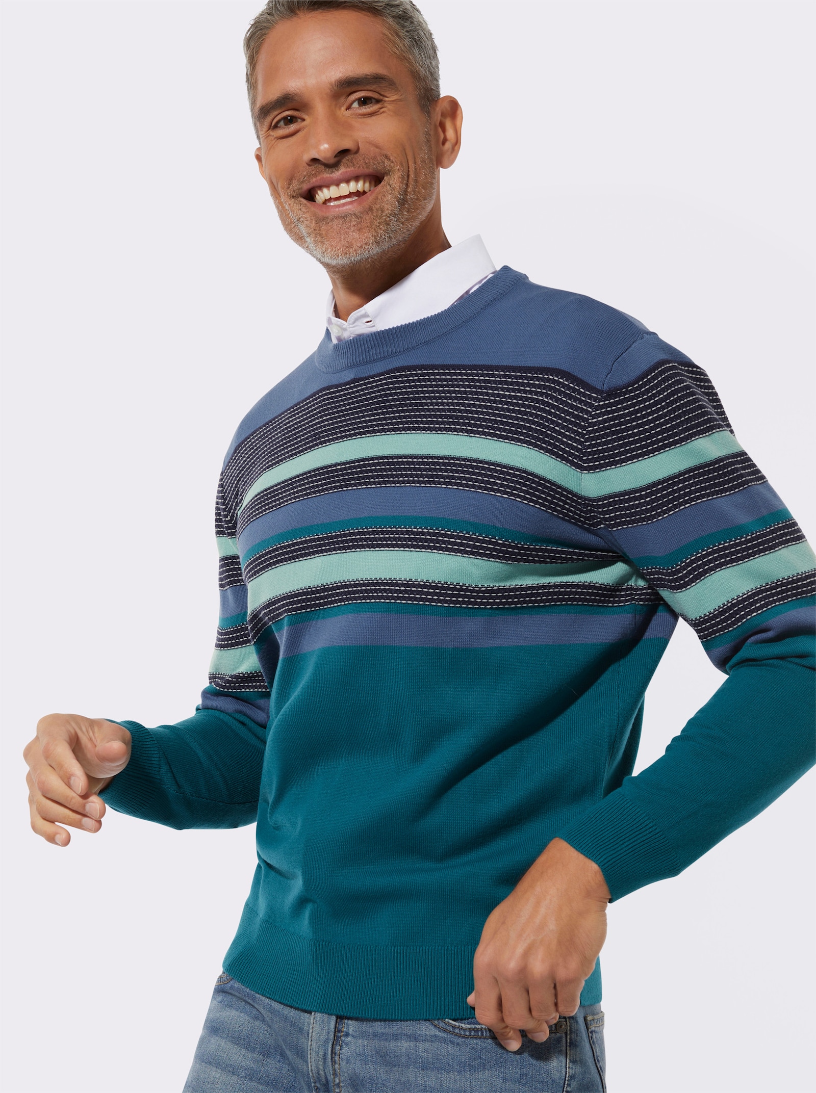 Pulóver, okrúhly výstrih, pletené pruhy - Džínsovo modro-petrolejové pruhy