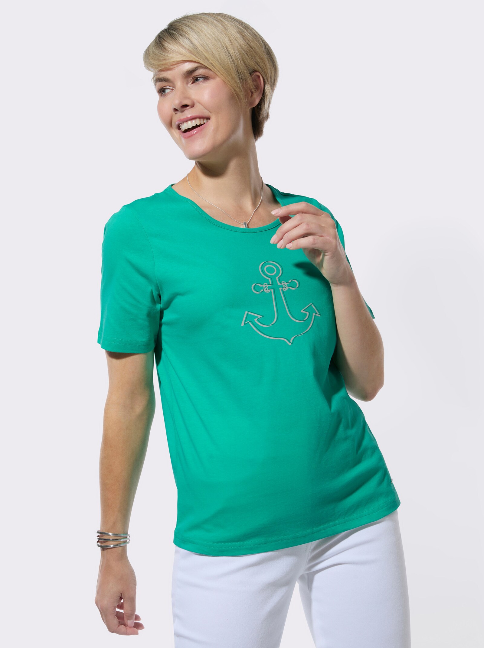 Rundhalsshirt mit Frontdruck - blaugrün
