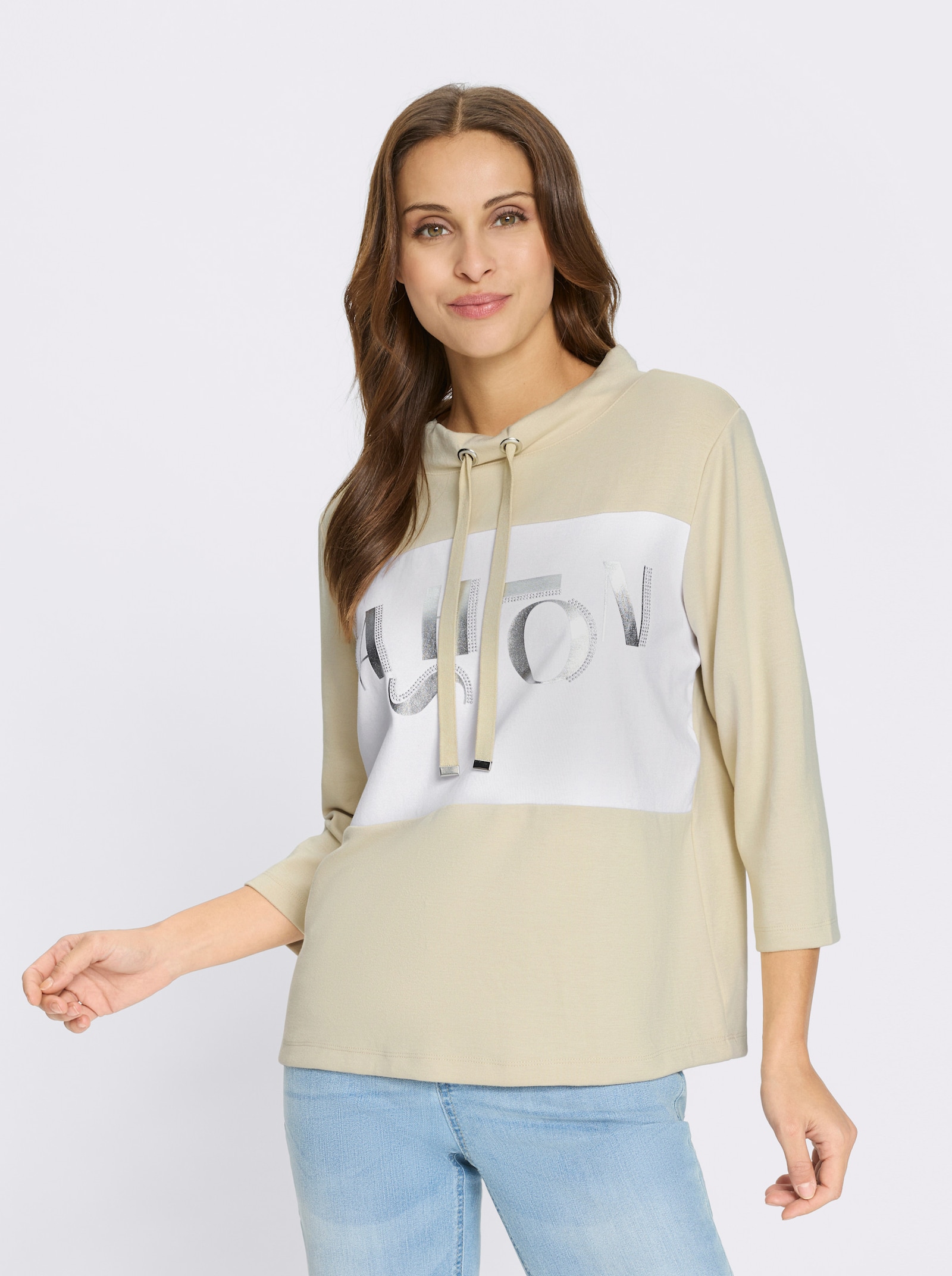 Sweatshirt mit Folienprint-Schriftzug - sand-weiß-geringelt