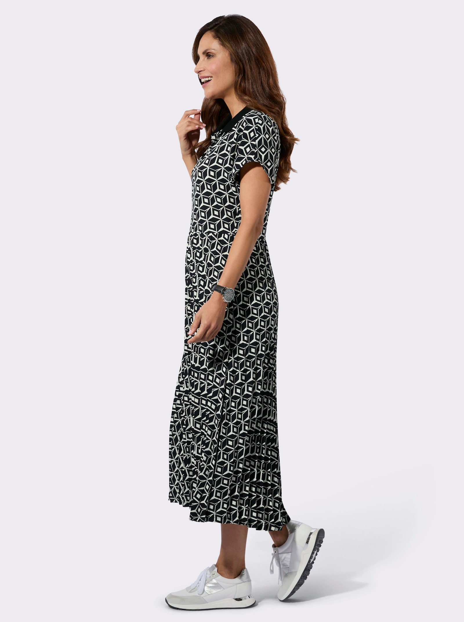 Druckkleid mit Plisseefalten - schwarz-champagner-bedruckt