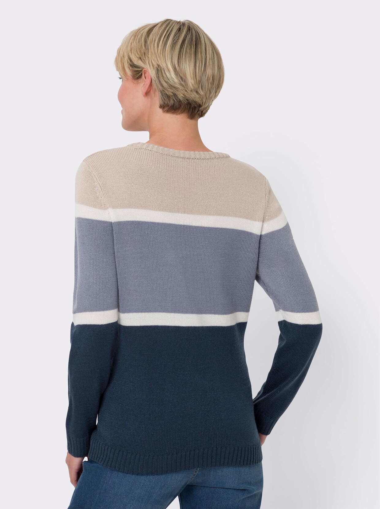 Langarm-Pullover - sand-dunkelblau-gestreift