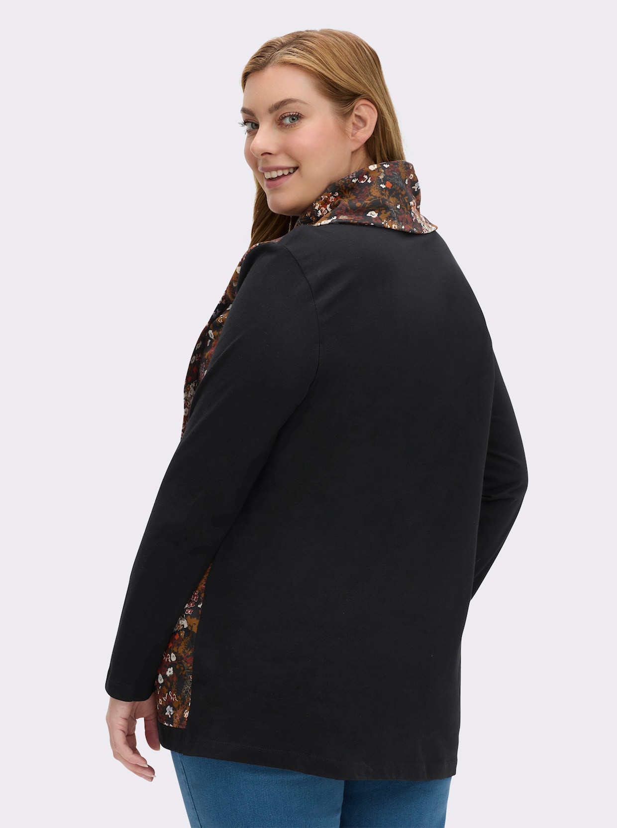 Longshirt in überlappender Optik - schwarz-bedruckt